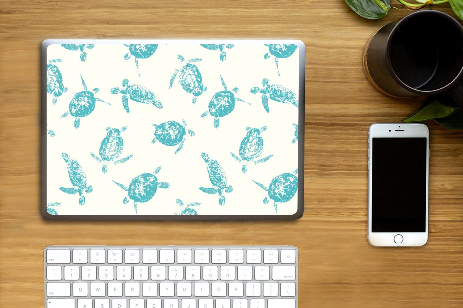 Thumbnail - MuchoWow Laptop-Aufkleber Schildkröten - Muster - Weiß - Blau, (1tlg), Laptop Folien Cover, Aufkleber, Sticker, Schutz v...