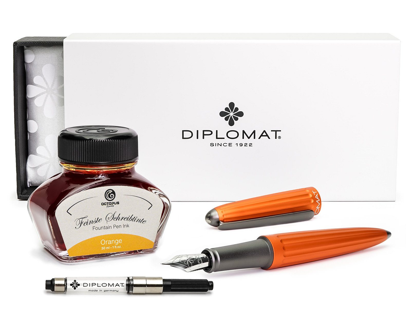 DIPLOMAT Füllhalter Aero orange mit Schreibtinte, (Spar-Set mit Tintenkonverter und Schreibtinte Orange von Octopus Fluids), MADE IN GERMANY