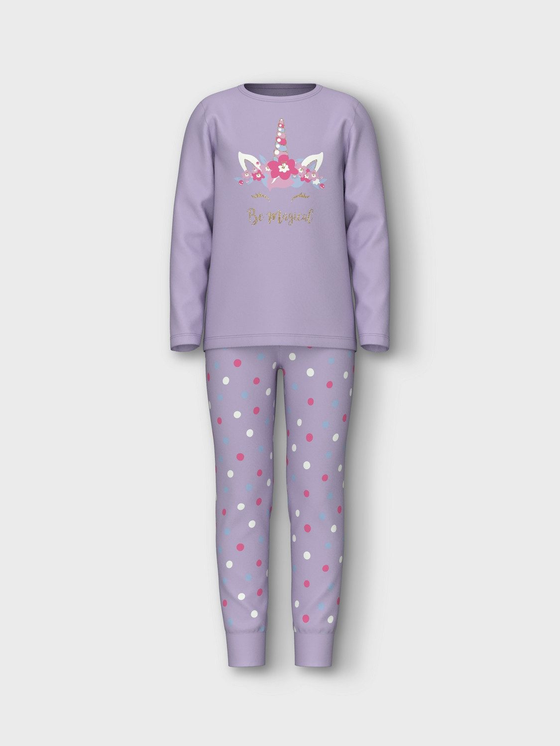 Name It Schlafanzug NKFNIGHTSET PASTEL LILAC MAGICAL NOOS (Set, 2 tlg) mit fröhlichem Frontmotiv und gepunkteten Hosen
