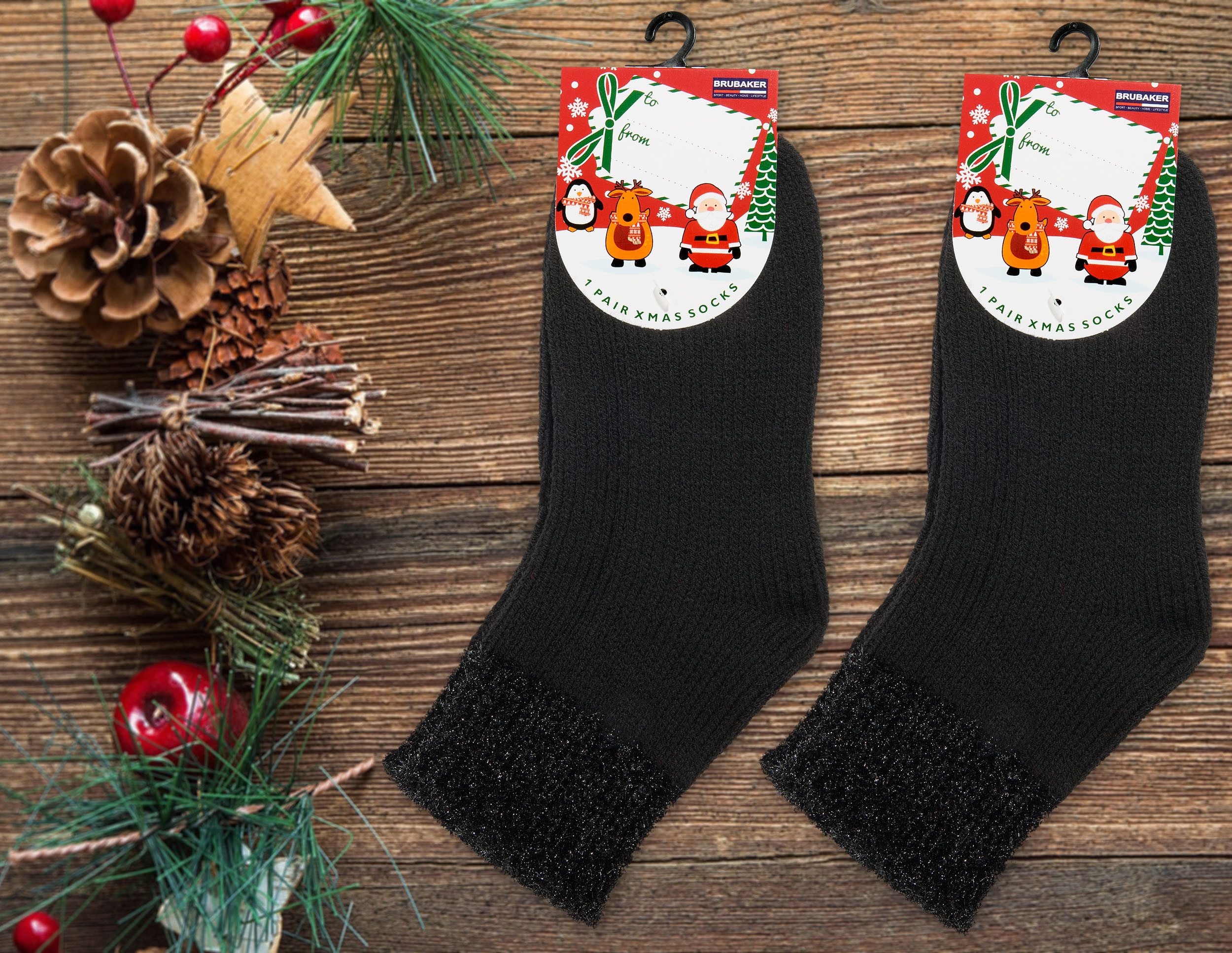 BRUBAKER Socken 2er Pack Warme Damensocken - flauschige Weihnachtssocken - Bequem (2-Paar, Frauen Socken Weihnachten) Damen Bettsocken Kuschelsocken - Wintersocken mit Glitzer Bund