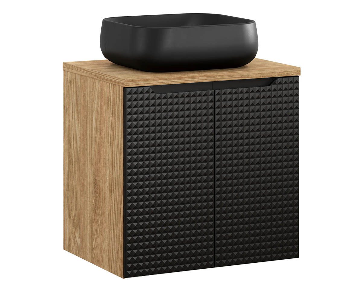 einfachgutemoebel Waschtisch-Set Bad Waschplatz LUX Onyx 60cm Türen, Aufsatzbecken blk, black-oak, (Badmöbel Set, 1-St., Waschtisch Unterschrank)