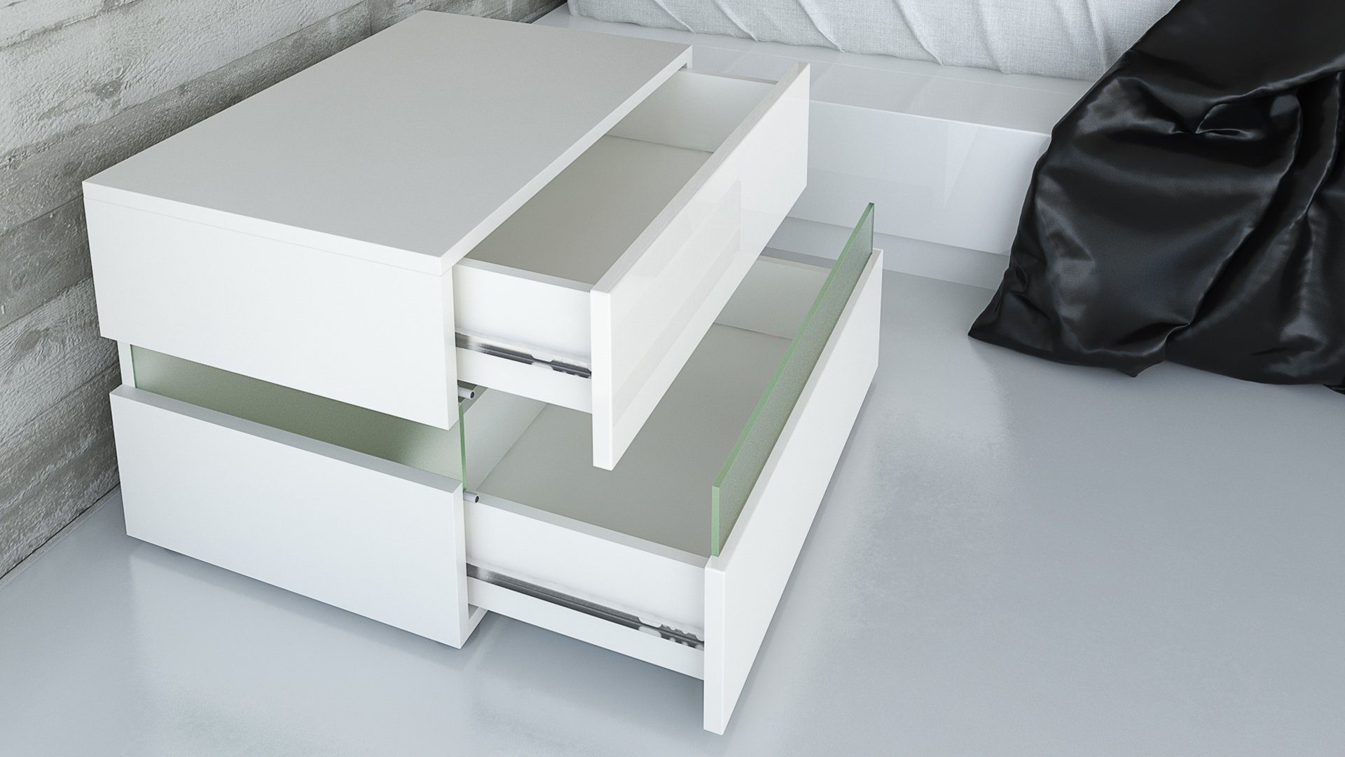 Vladon Nachttisch Flow (Nachttischschrank, mit Schublade zur Wandmontage), Weiß Hochglanz/Weiß Hochglanz, inkl. LED-Beleuchtung (60 x 45 x 39 cm)