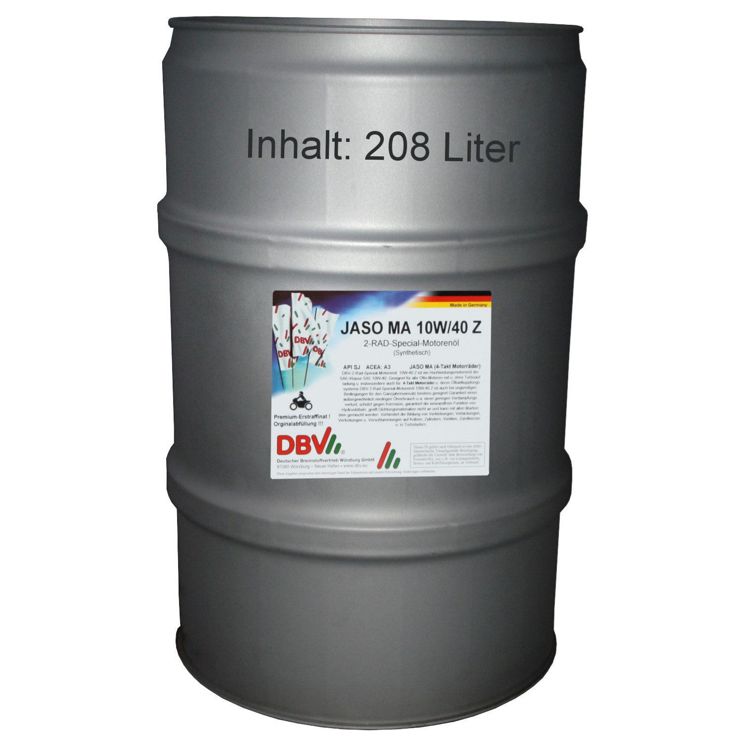 DBV Motoröl 10W-40 DBV-Zweirad-Special-Motorenöl JASO MA (4-Takt) 208-Liter-Fass