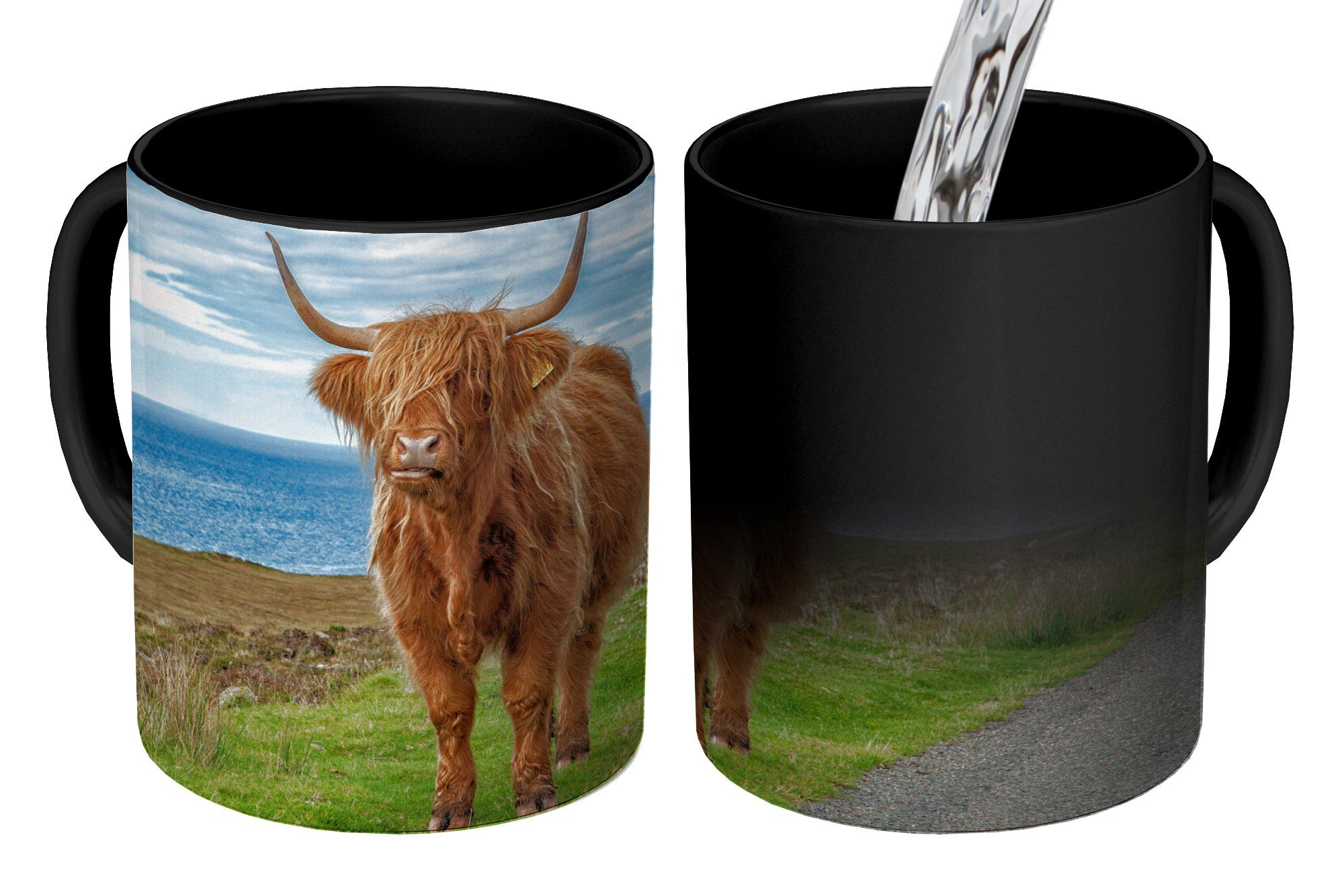 Schottischer Keramik, Tasse Geschenk Teetasse, Highlander Farbwechsel, Zaubertasse, - MuchoWow - Hörner, Kaffeetassen, Wasser