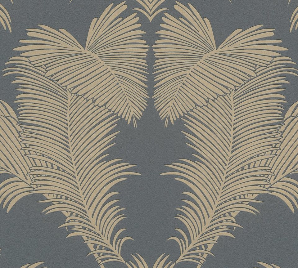 A.S. Création Vliestapete Trendwall, botanisch, floral, tropisch,  Dschungeltapete Tapete Palmen Glänzend, Farbe der Tapete: Grau,Gold