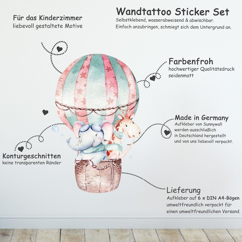 Sunnywall Wandtattoo Piloten Tiere Himmel - Wandtattoo Kinderzimmer Baby (6 St), konturgeschnitten