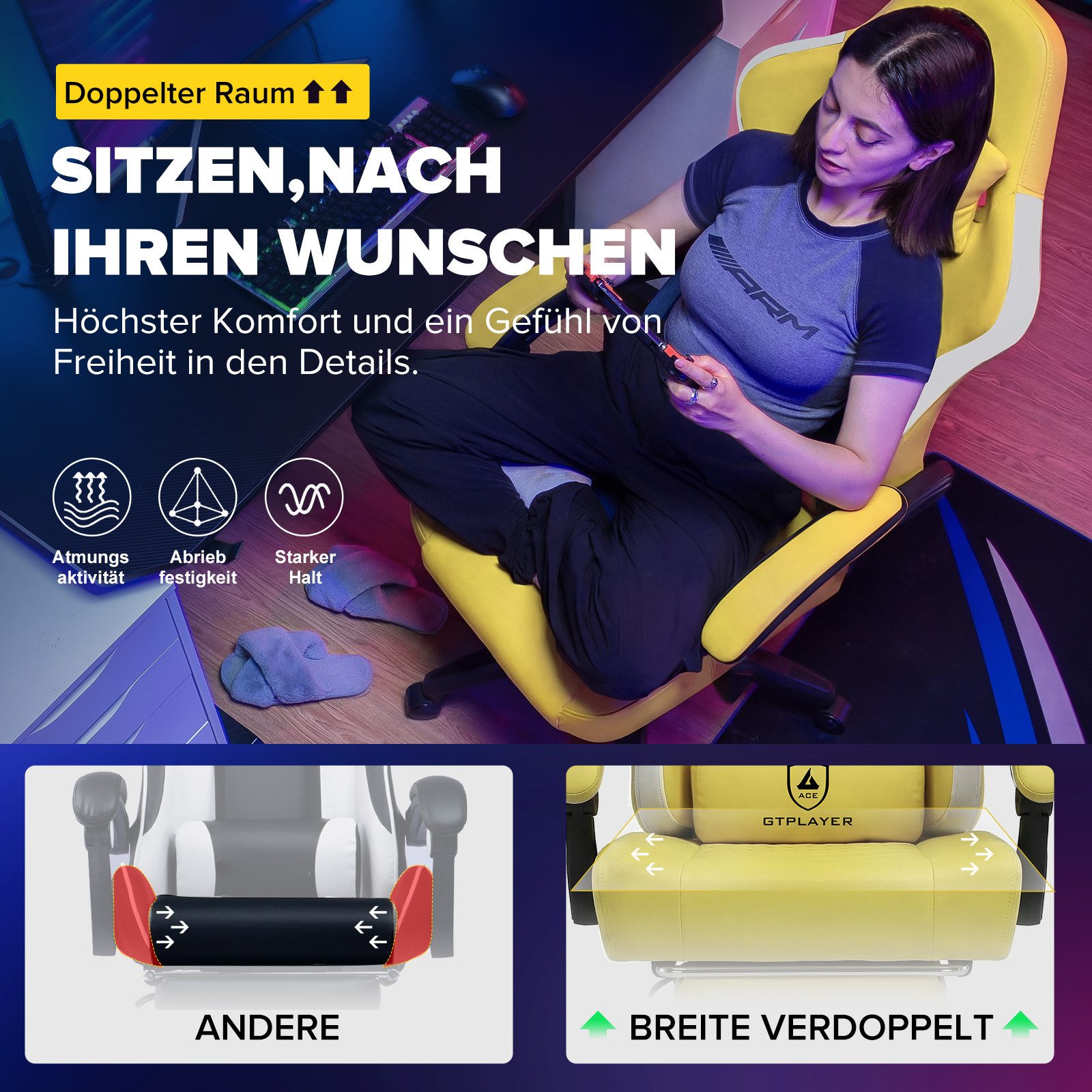 GTPLAYER Gaming-Stuhl Ergonomischer Gaming Sessel Schreibtischstuhl aus Stoff/Kunstleder (Pacekung), Federsitzkissen mit Fußstütze