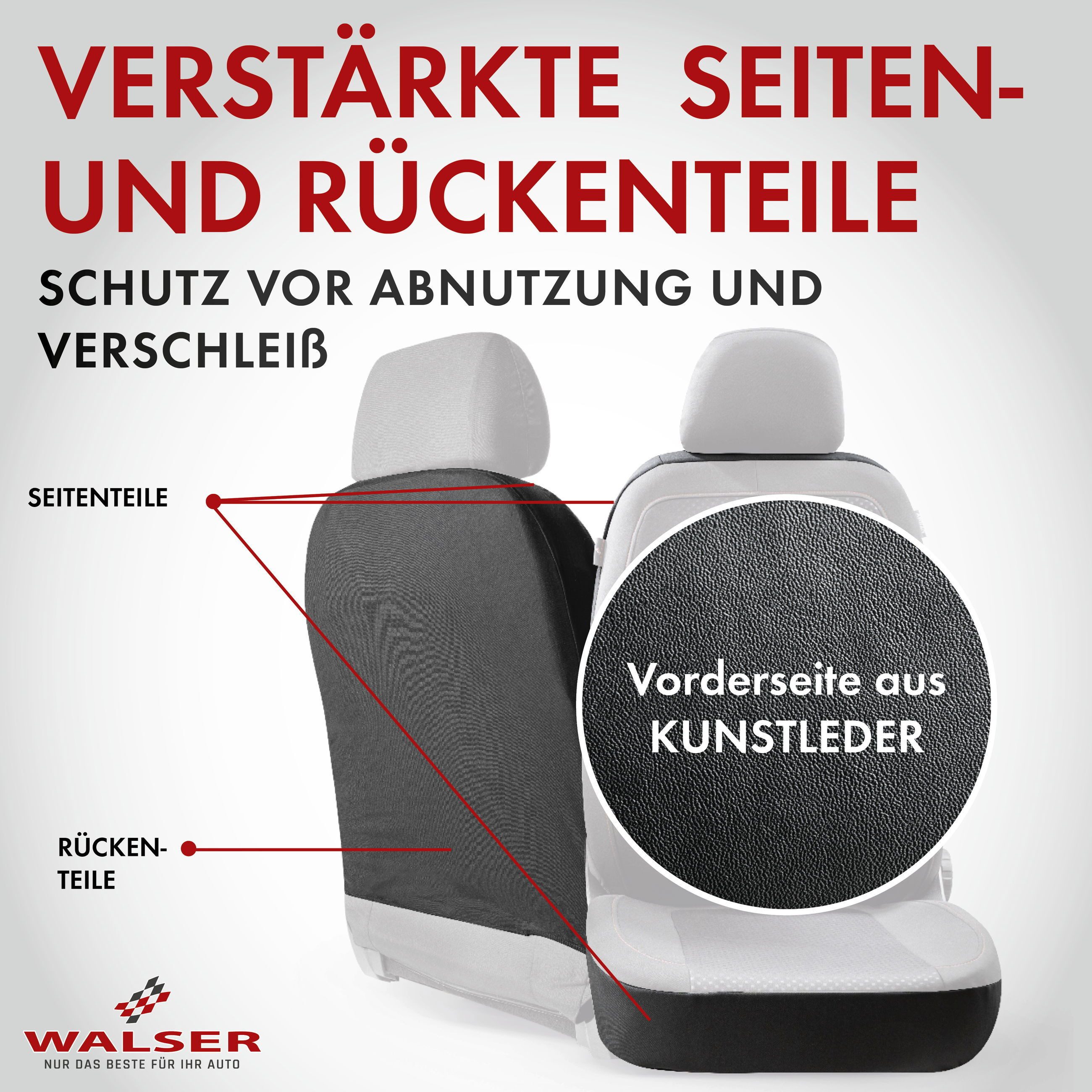 WALSER Autositzbezug Autositzbezug Soft Nappa schwarz aus Kunstleder, 2 Vordersitzbezüge 2tlg, 1 Rücksitzbezug 8tlg, 5 Kopfstützenbezüge, 17-tlg.