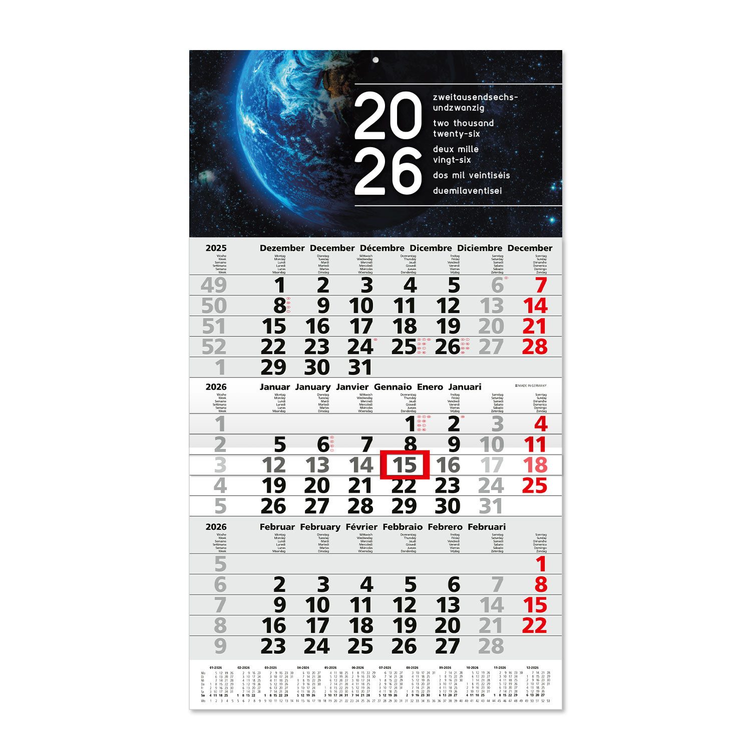 Timr Monatskalender 3-Monatskalender 2026 Jahresübersicht D / GB / F / I / E / NL tr353