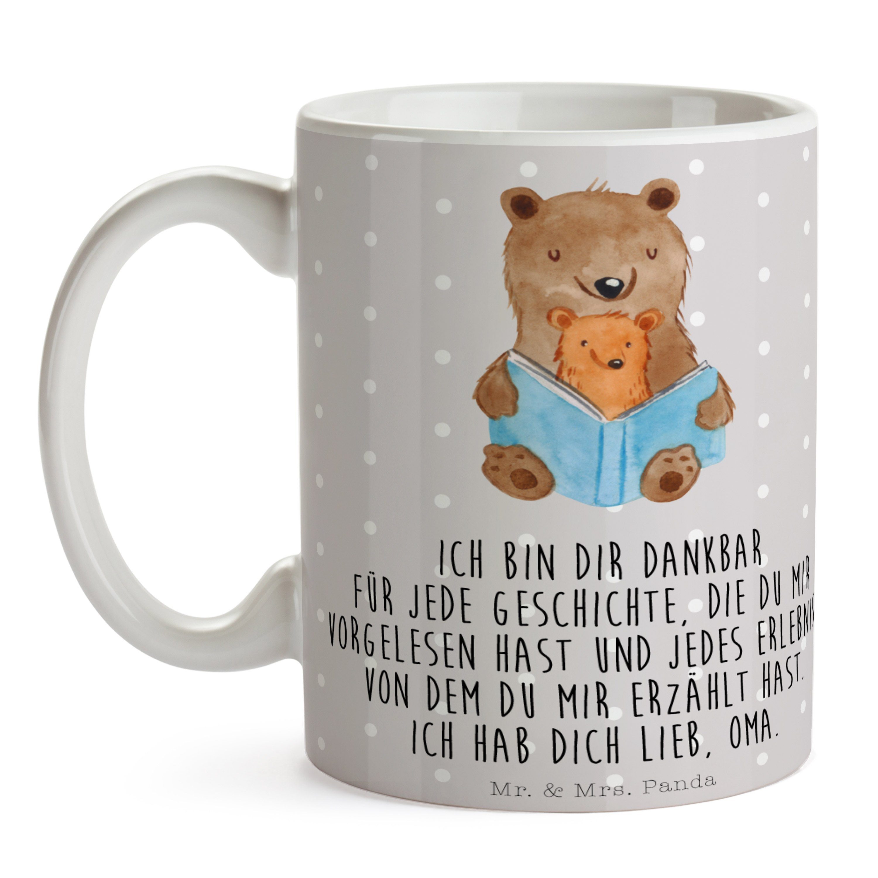 Mr. & Mrs. Keramik Buch Oma, Schwester, - beste Porz, Geschenk, Pastell Tasse Grau Panda - Bären Opa