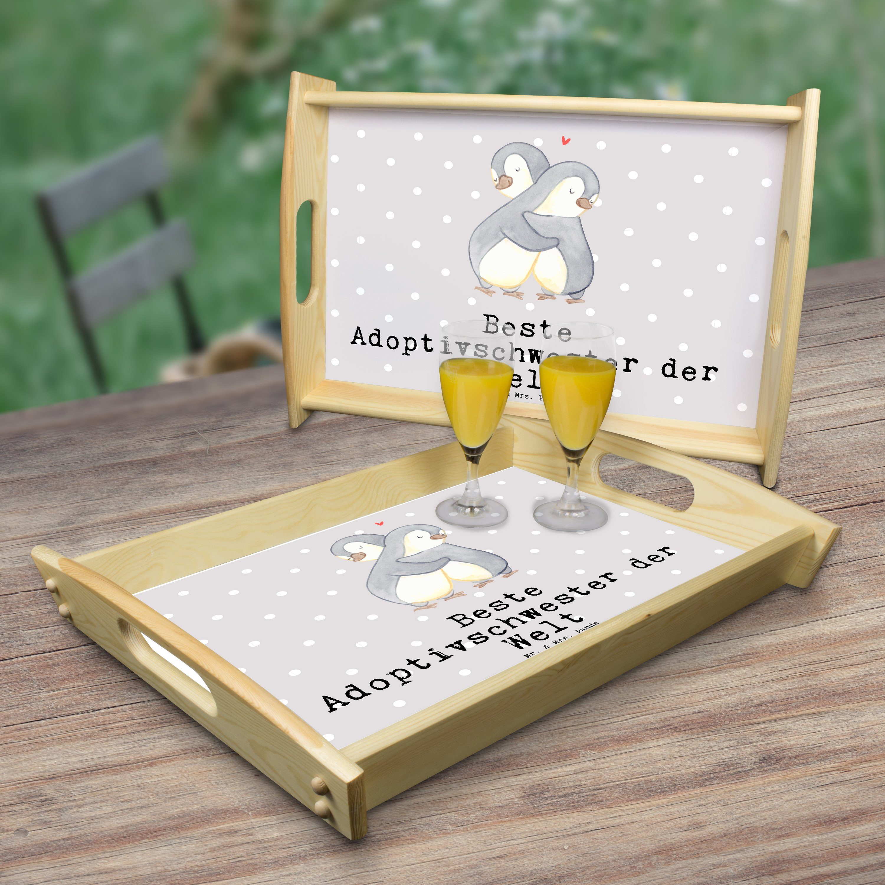 Panda Echtholz Grau Pinguin (1-tlg) der Tablett Beste Pastell Mr. Fr, - Geschenk, Mrs. & lasiert, - Welt Adoptivschwester