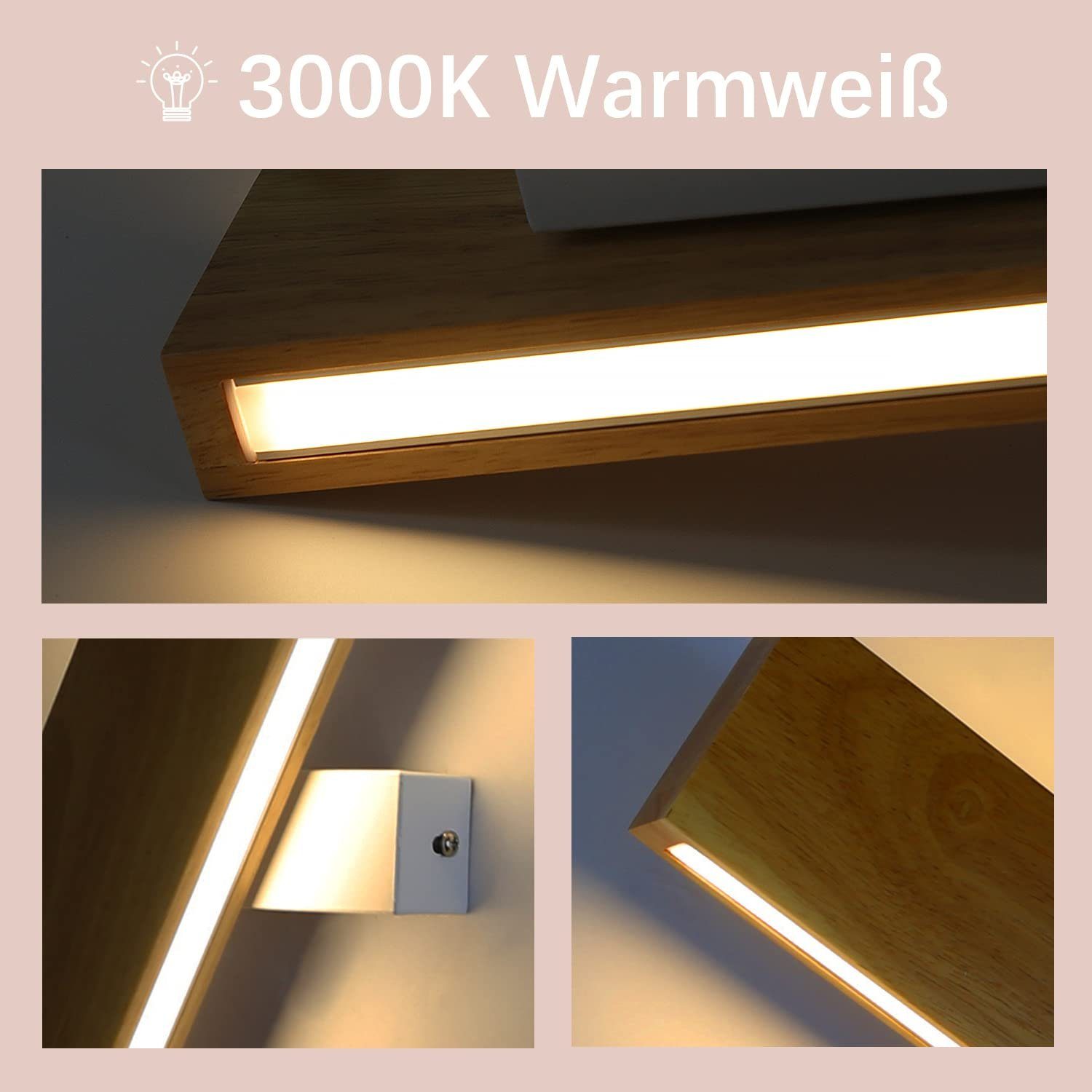 ZMH LED Wandleuchte innen Wandlampe 300° und Down integriert, Modern 32CM, Design, 10W LED fest Flurlampe Up Drehbar, Holz Holzfarbe Warmweiß, 32cm