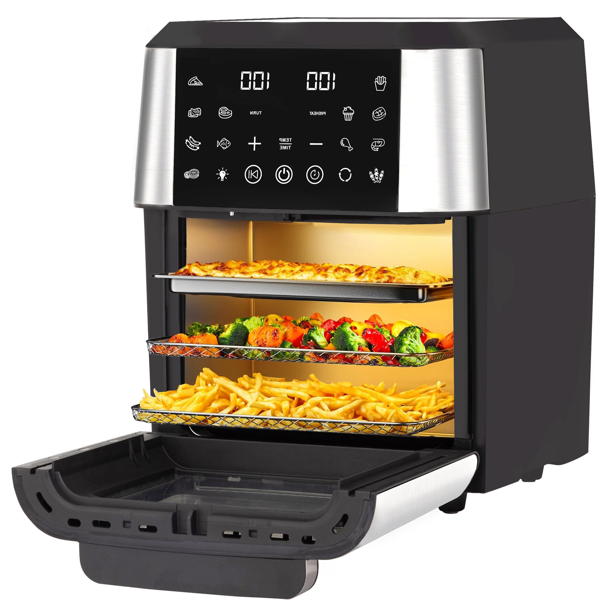 Sinaopus Heißluftfritteuse 12 L XXL Airfryer mit 12 Programmen, Sichtfenster, Touchdisplay und Minibackofen-Funktion, 2000,00 W, Fettarm frittieren, backen, grillen und rösten – mit Timer und Zubehör