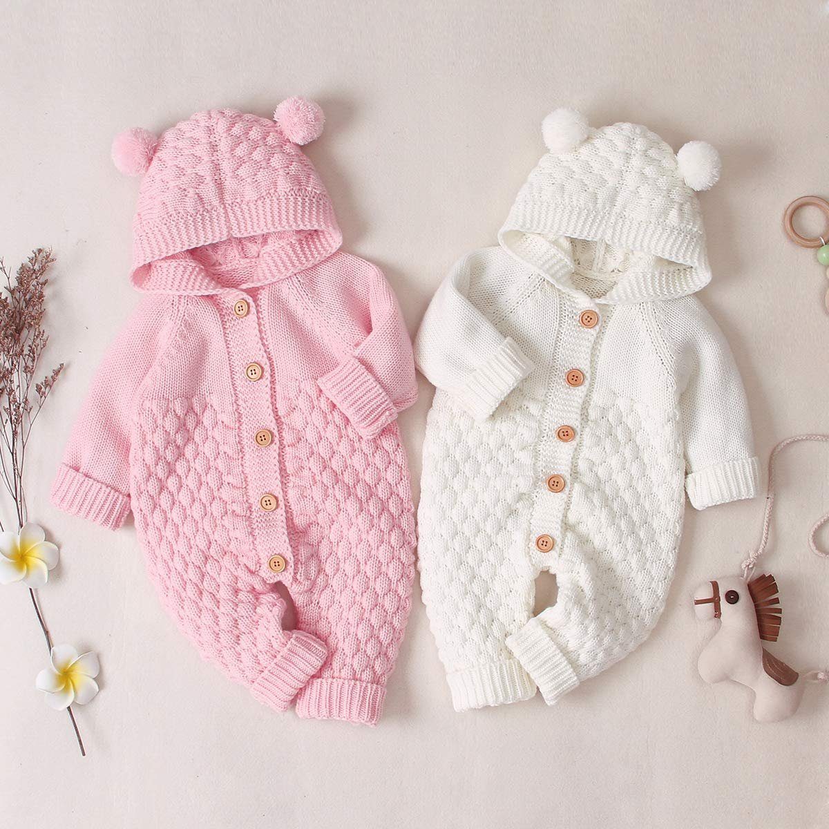 Warmer Strampler mit Overall Kapuze Baby-Ohr-Strick Winter Haiaveng