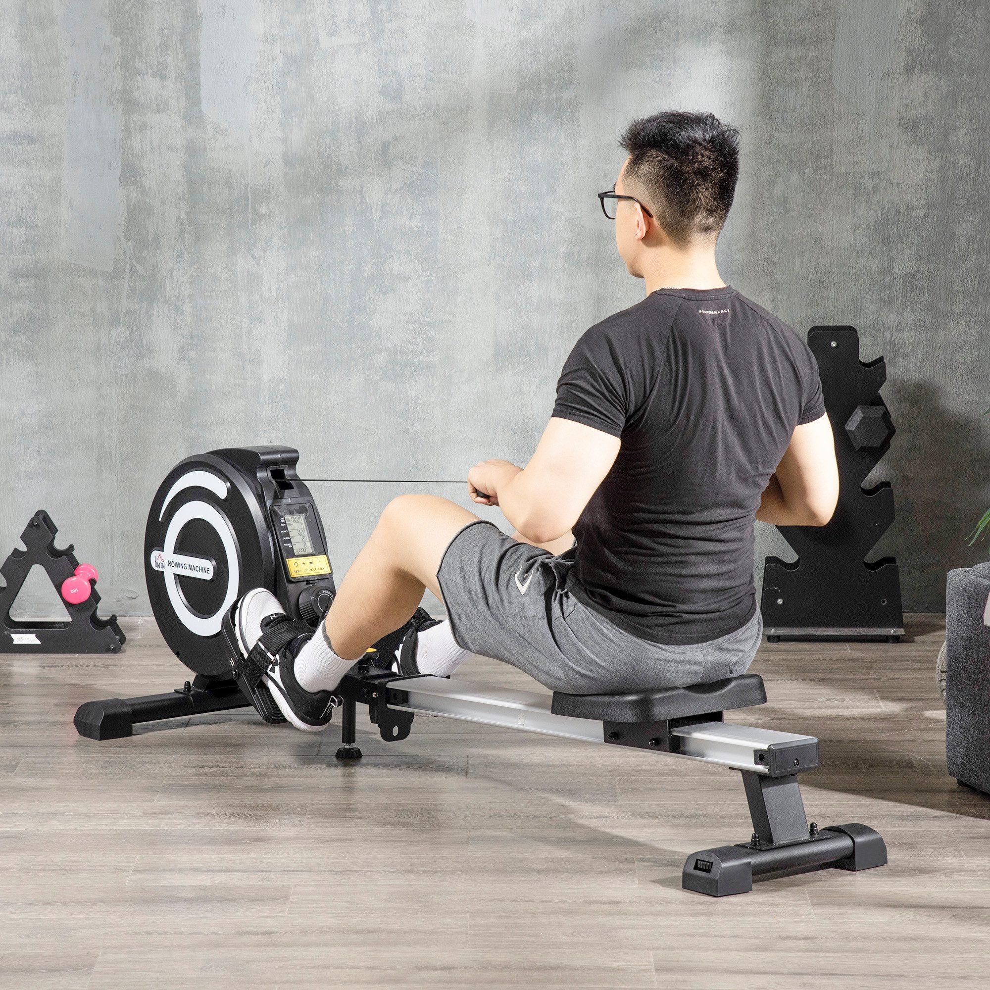 HOMCOM Rudergerät für Zuhause, Klappbar, mit 8 Stufen Magnetbremssystem, LCD-Anzeige (Rudermaschine, 1-tlg., Fitnessgerät), für Ganzkörpertraining, Alu, Schwarz