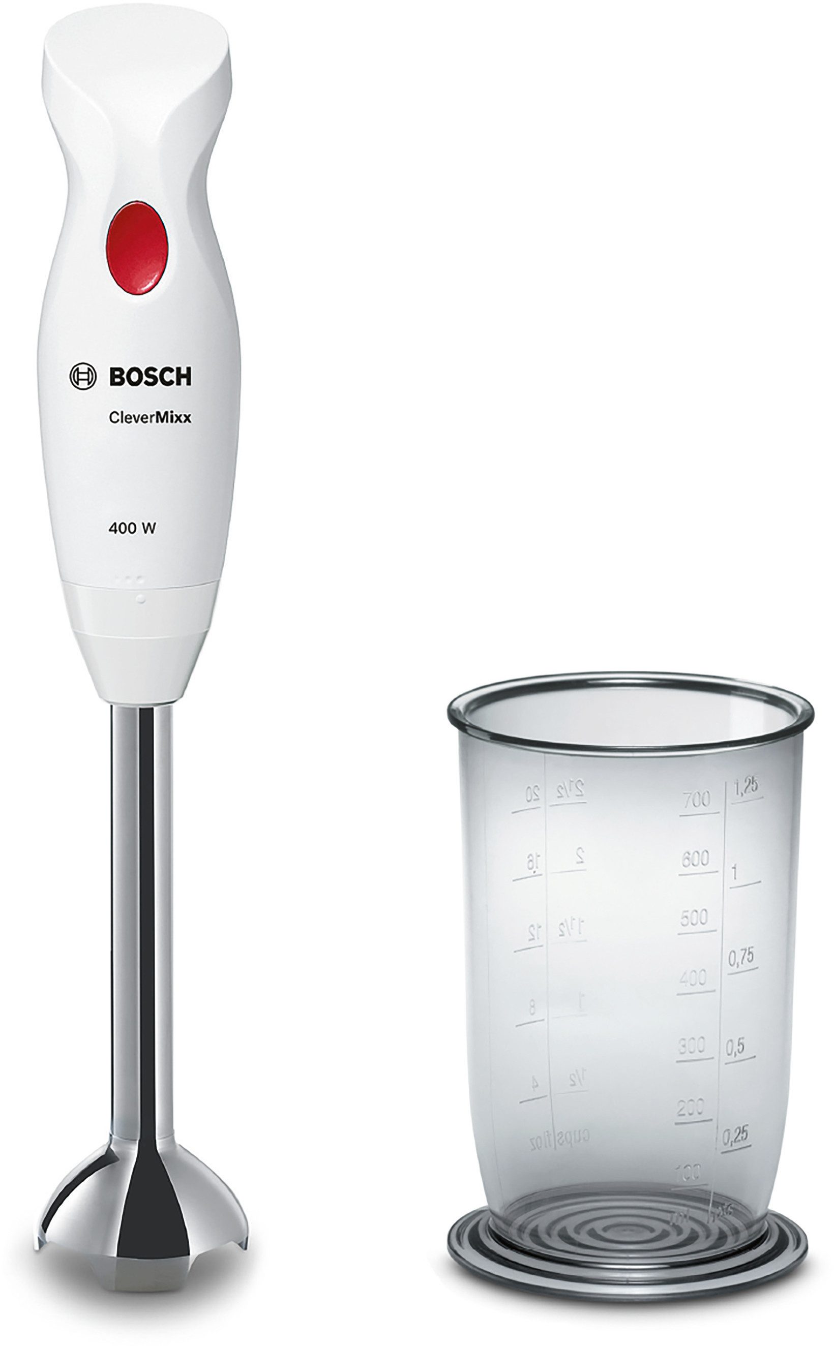 BOSCH Stabmixer CleverMixx MSM24100, Mixbecher, ergon. Griff, Made in Europe, weiß/rot, 400 W, schnelles Mixen auf Knopfdruck