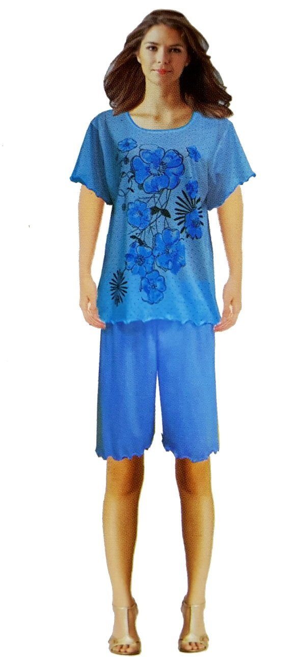 Damen Schlafanzug D264 Print, Weiß/Blau kurz, im floralen Girls Shorty Shorty, Fashion Pyjama