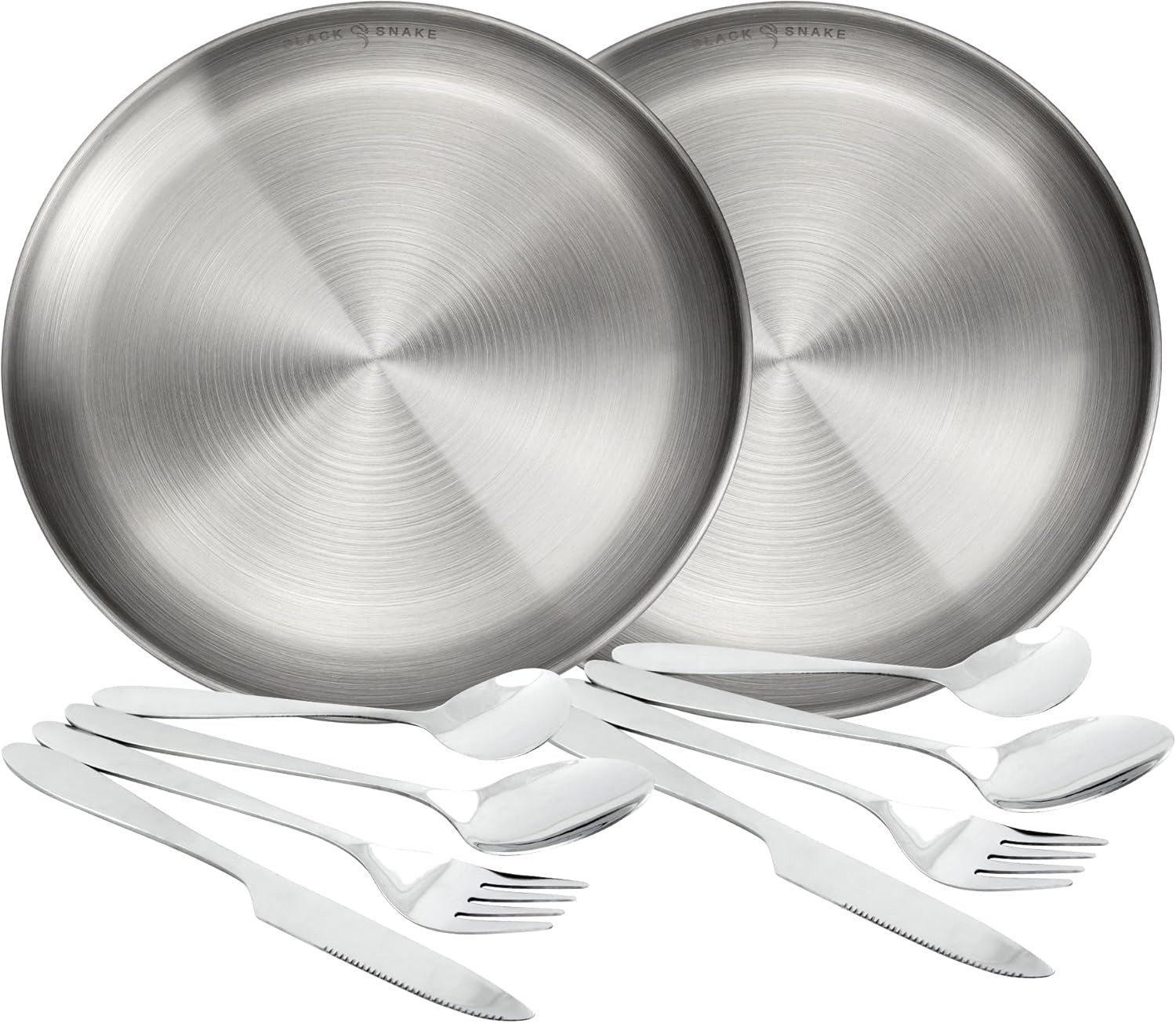 Black Snake Geschirr-Set Camping Set Edelstahl mit Teller und Lunch-Besteck (4-tlg), 2 Personen, Edelstahl, Edelstahl Campinggeschirr mit Lunch-Besteck und Etui