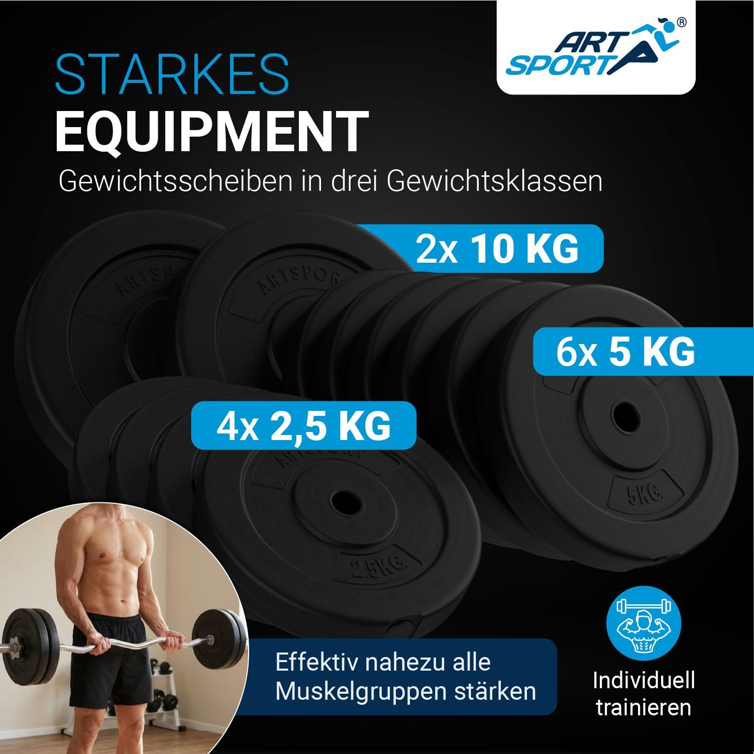 ArtSport Hantel-Set 3in1, Komplettset, 60 kg Gewichte, rutschfeste Griffe, Sternverschlüsse