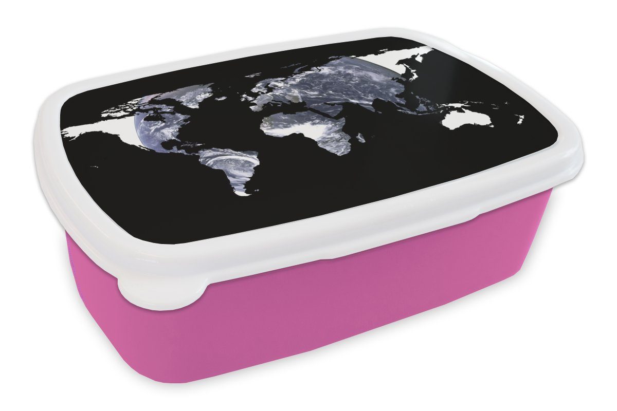 MuchoWow Lunchbox Weltkarte - Schwarz - Weiß - Globus, Kunststoff, (2-tlg), Brotbox für Erwachsene, Brotdose Kinder, Snackbox, Mädchen, Kunststoff rosa