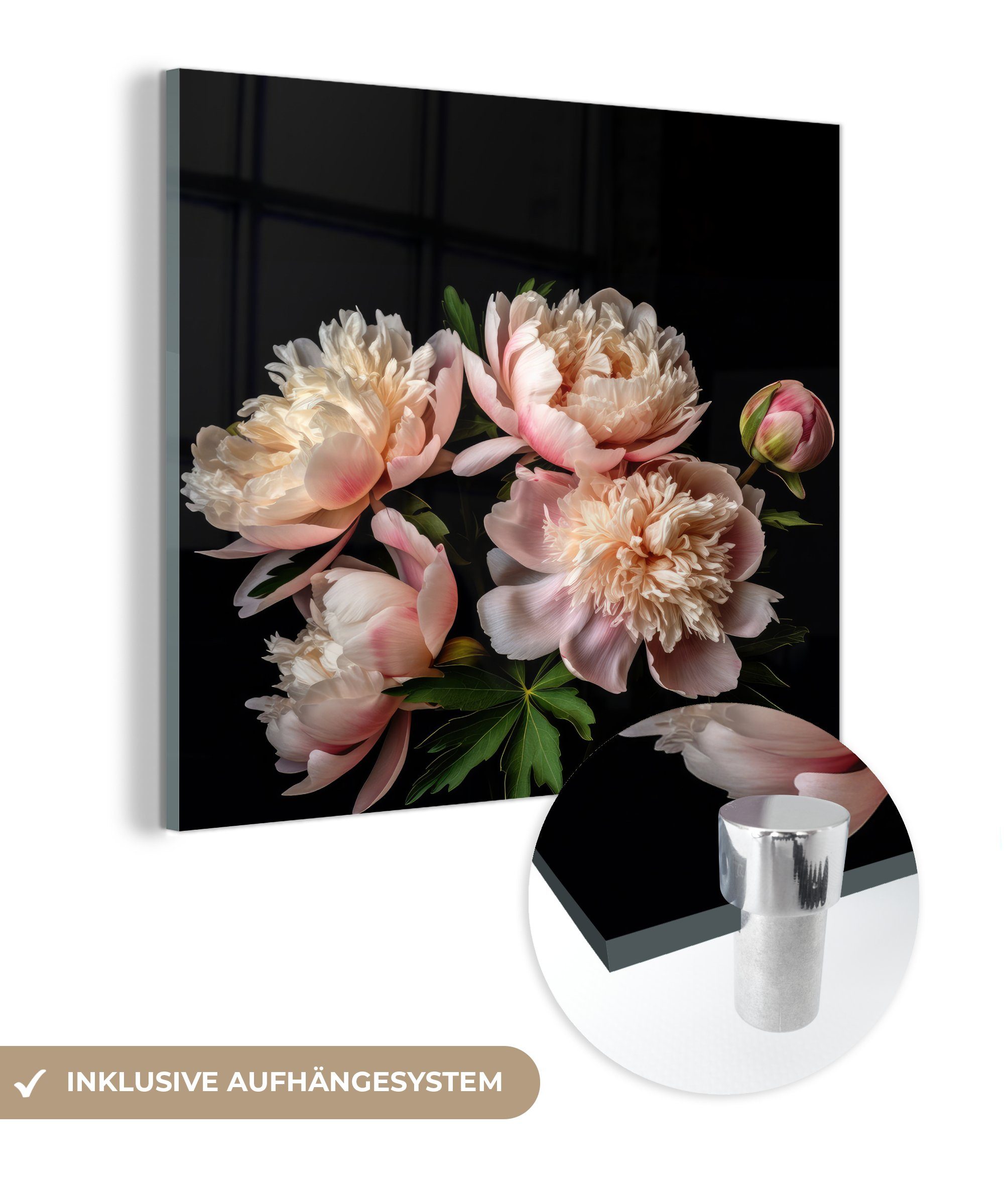 MuchoWow Acrylglasbild Pfingstrosen - Blumen - Natur - Rosa - Weiß, (1 St), Glasbilder - Bilder auf Glas Wandbild - Foto auf Glas - Wanddekoration