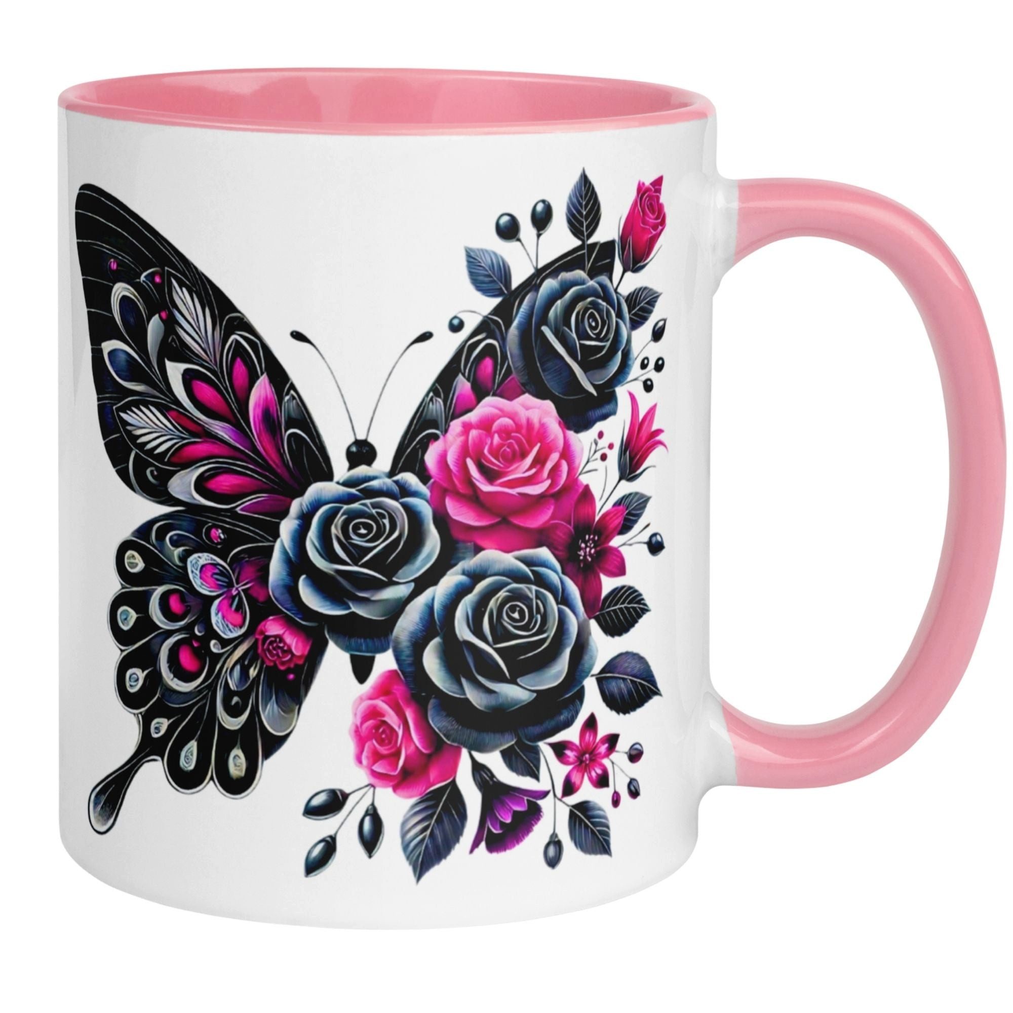 Momentals Tasse Schmetterling – Schwarzes Blütendesign – Geschenk mit Schmetterlingen, Beidseitiger Druck · Links- & Rechtshänder · Spülmaschinenfest