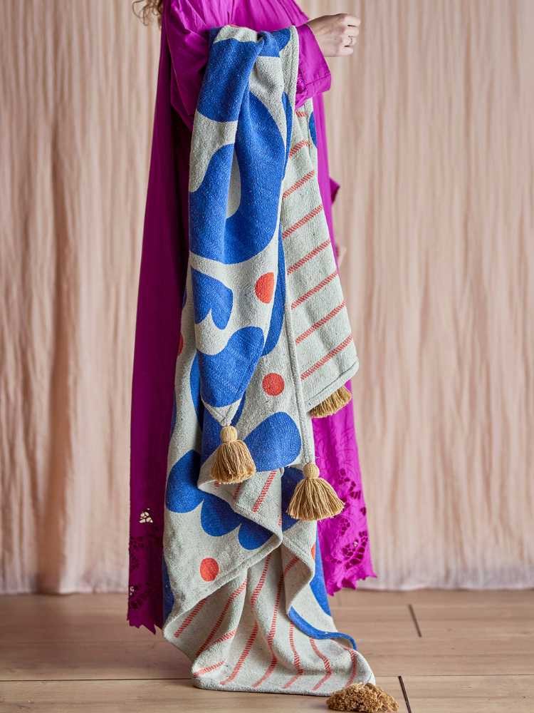 Wohndecke Bloomingville Decke EVIAYA Blau Creme Gemustert mit Quasten 160x130 cm, Bloomingville