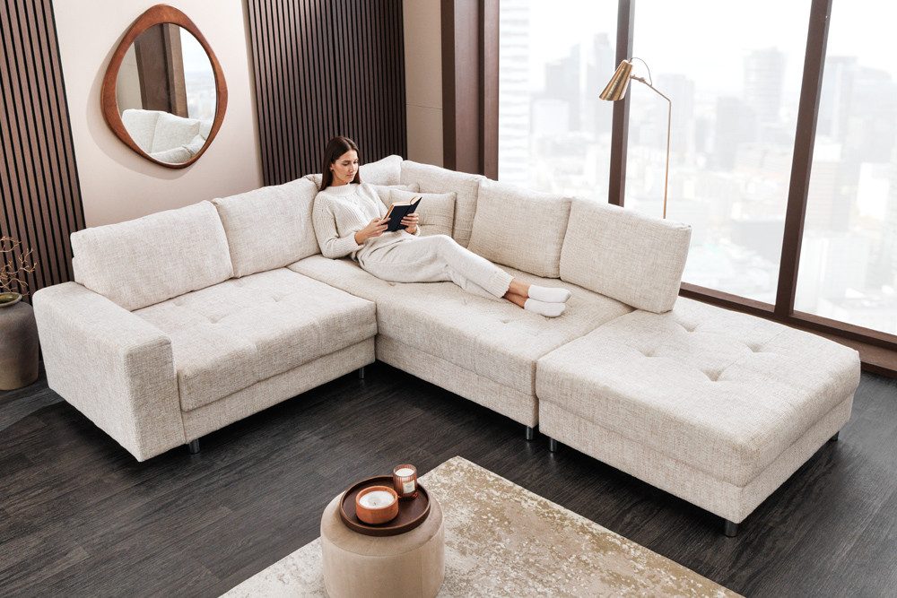 riess-ambiente Ecksofa KENT 220cm champagner/beige - Strickstoff, inkl. Hocker, Rundumbezug, Set 1 Teile, Moderne Wohnlandschaft - ideal für Wohnzimmer, TV-Ecke und Lesen