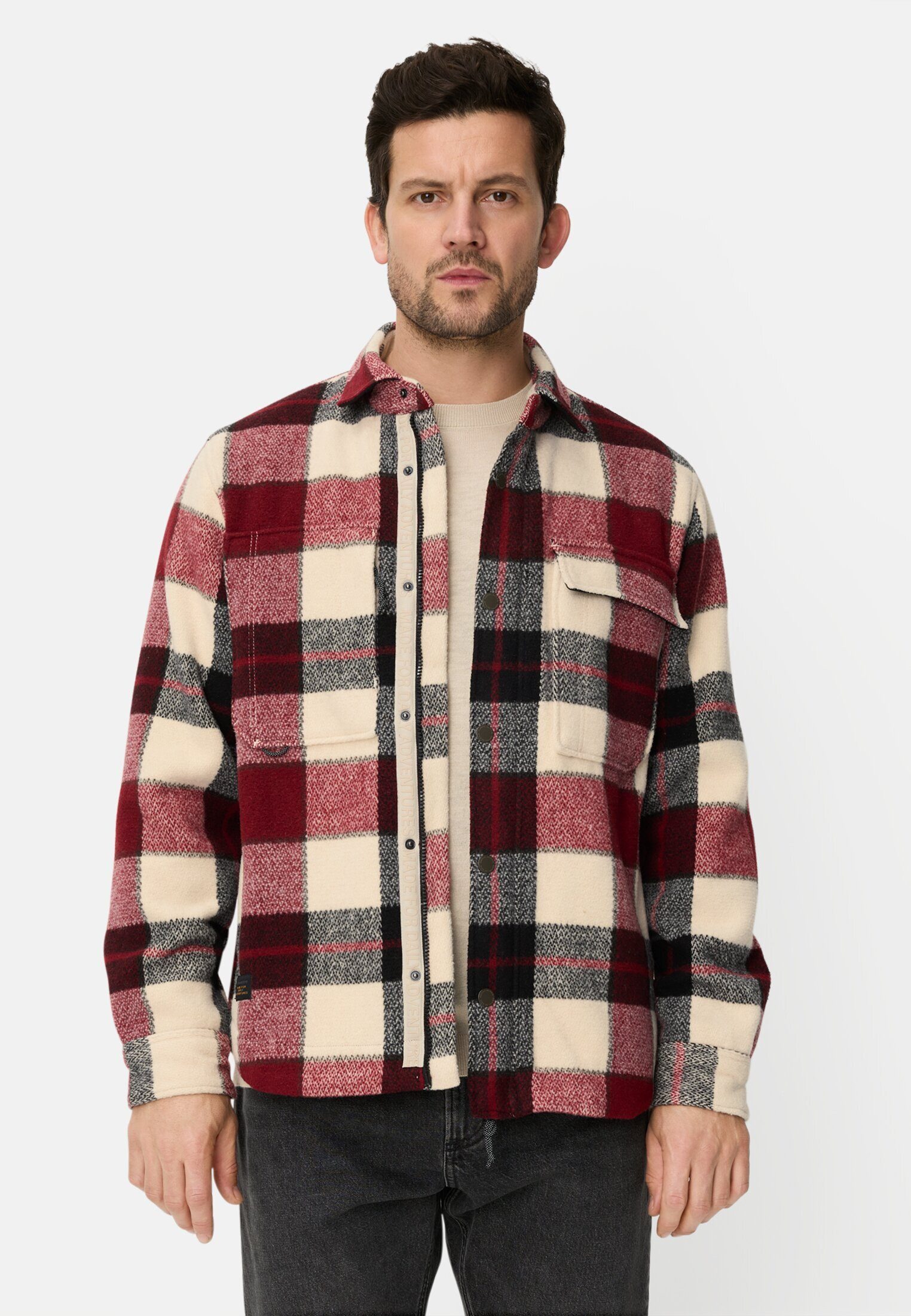 camel active Hemdjacke mit Seitentaschen Langarm Kentkragen Markenlogo