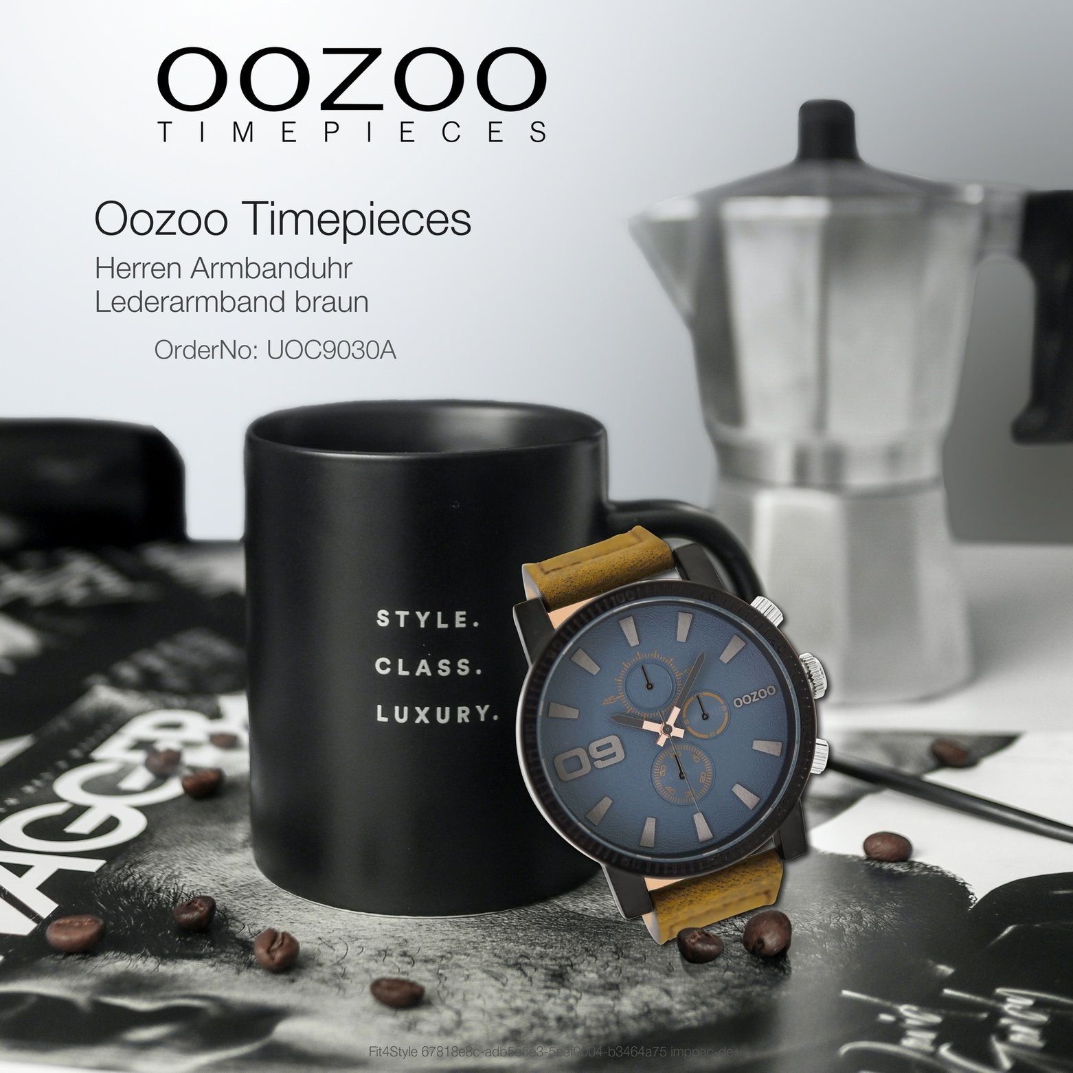 (ca. Herrenuhr Herren braun OOZOO Lederarmband, Quarzuhr groß extra Armbanduhr Oozoo 50mm) Analog, Casual-Style rund,