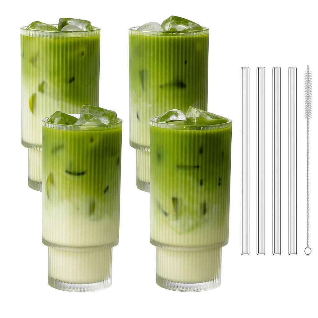 mixed24 Gläser-Set 4er Set Geriffelte Gläser 320ml inkl. Glashalm, ideal für Iced Matcha Latte, Latte Macchiato, Cocktails, Smoothies