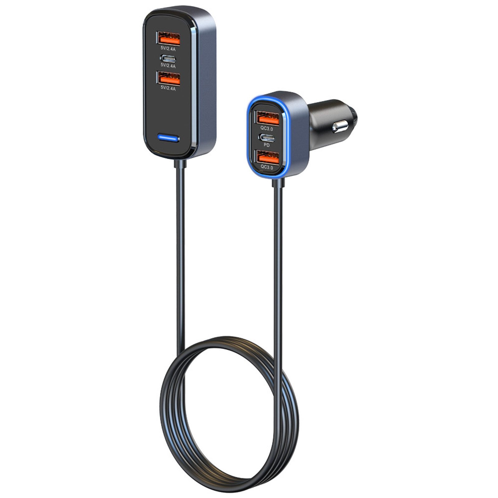 MOPUEA 65,5W Auto Ladegeräte 6 Ports USB C Schnellladegerät 12-24V USB-Ladegerät (Auto-Ladegerät, 65,5W KFZ-Ladegerät mit 6 Ladeanschlüssen und 1,5 m Kabel, 65,5W Schnellladung, 6 Ports, LED-Licht, 12-24V kompatibel)