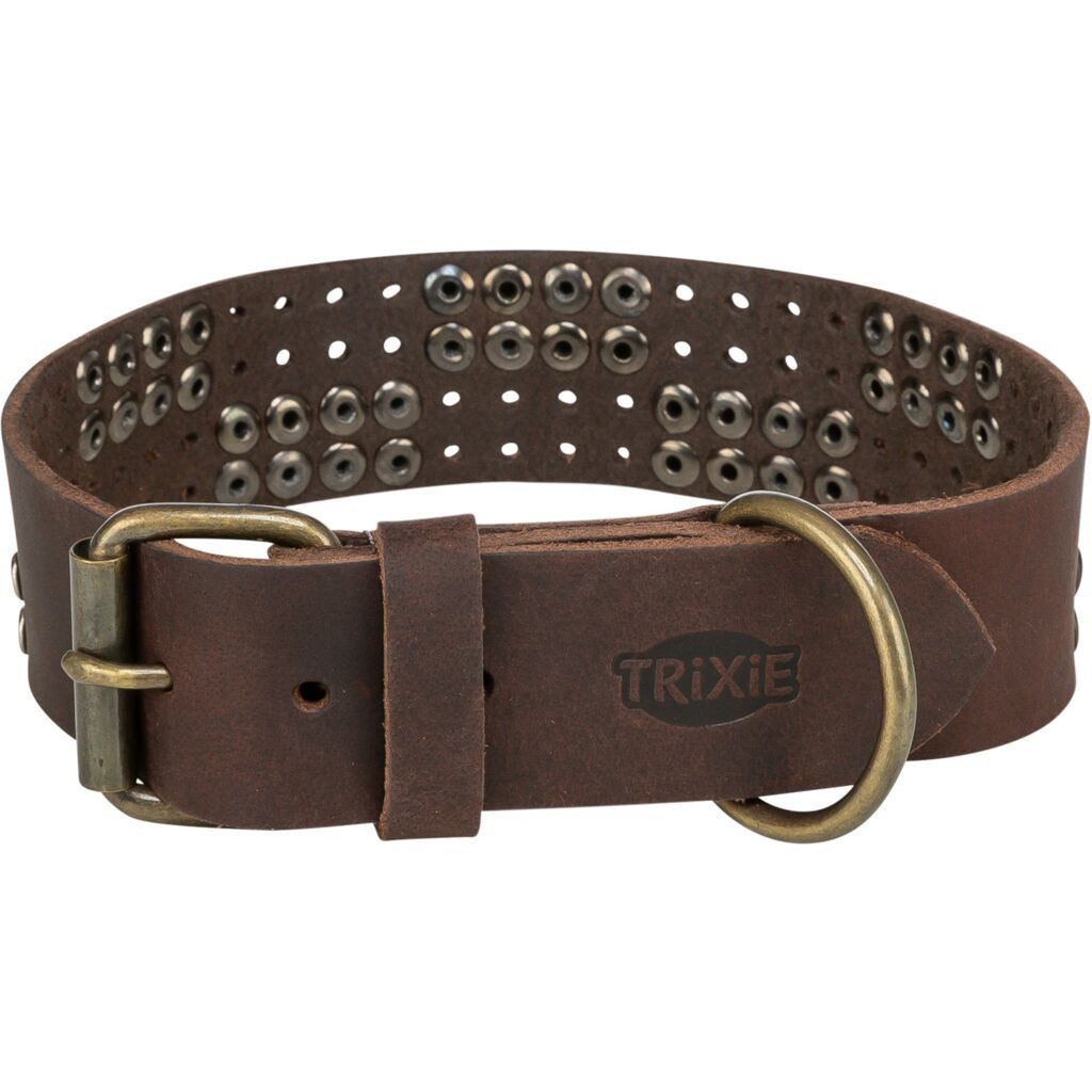 TRIXIE Hunde-Halsband Rustic Fettleder-Halsband Nieten, extra breit - dunkelbraun - 34–40 cm, Leder