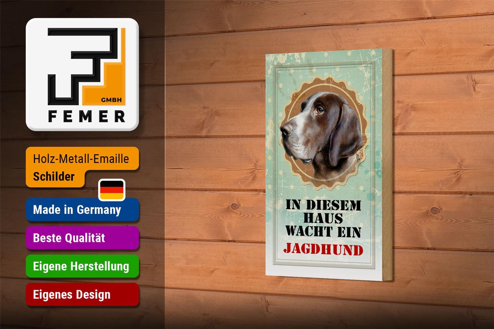 Femer GmbH Holzbild Hund 12x18 cm in diesem Haus wacht ein Jagdhund, (1 St), Glatte Holzfaserplatte (MDF), vorn beschichtet