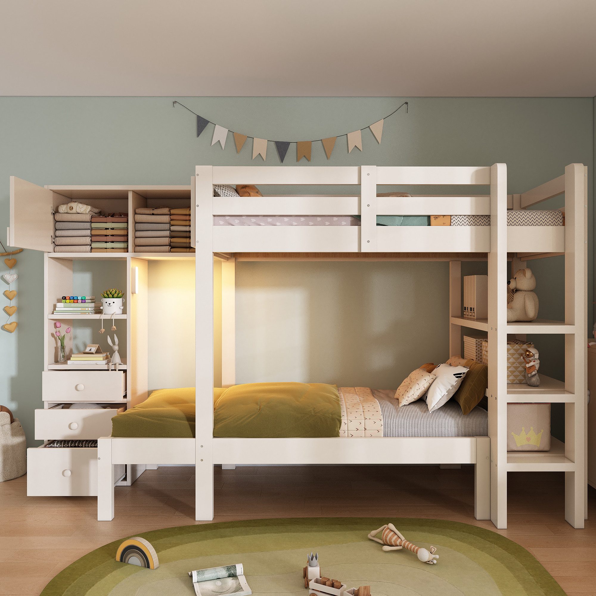 Ulife Etagenbett mit Schrank, Regal & Schubladen, Kinderbett Jugendbett 90x200 cm (1-St., Ohne Matratze), Intelligentes Nachtlicht & EN747 Zertifizierung