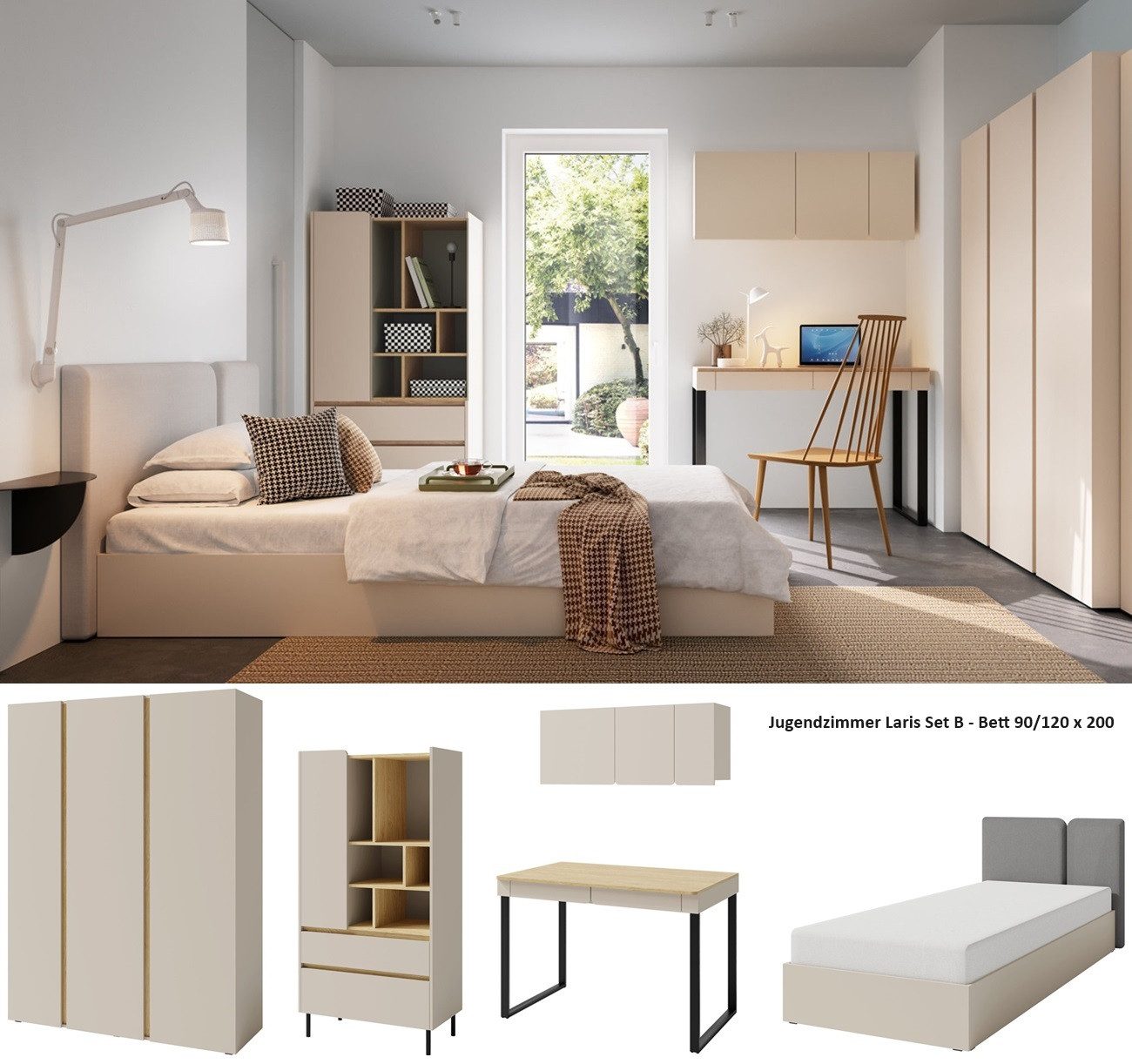 QMM TraumMöbel Jugendzimmer-Set komplett Laris Set B, (Set, 5-tlg., Schrank 3-türig; Regal; Schreibtisch; Bett 90/120x200)