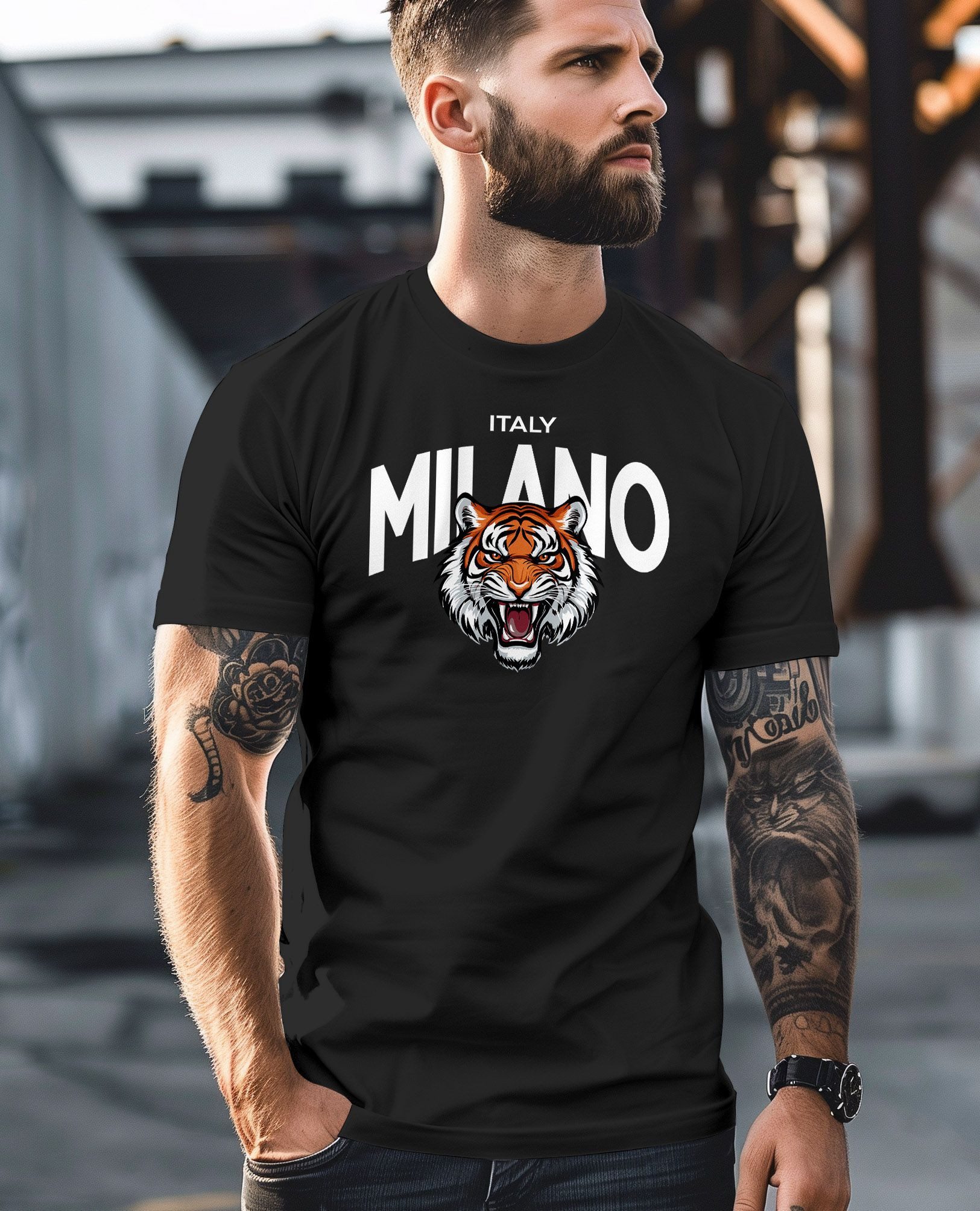 Neverless Print-Shirt Herren T-Shirt Tiger Frontprint Aufdruck Milano Mailand Italy Fashion mit Print – Bild 4 von 4