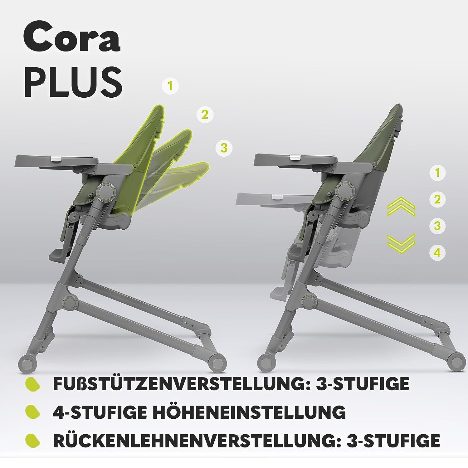 lionelo Hochstuhl Cora Plus Sichere 3 Liegefunktion, 2-IN-1 Jahre Fütterungsstuhl mit bis Robuste Konstruktion, Grun (Set), STUHL: und