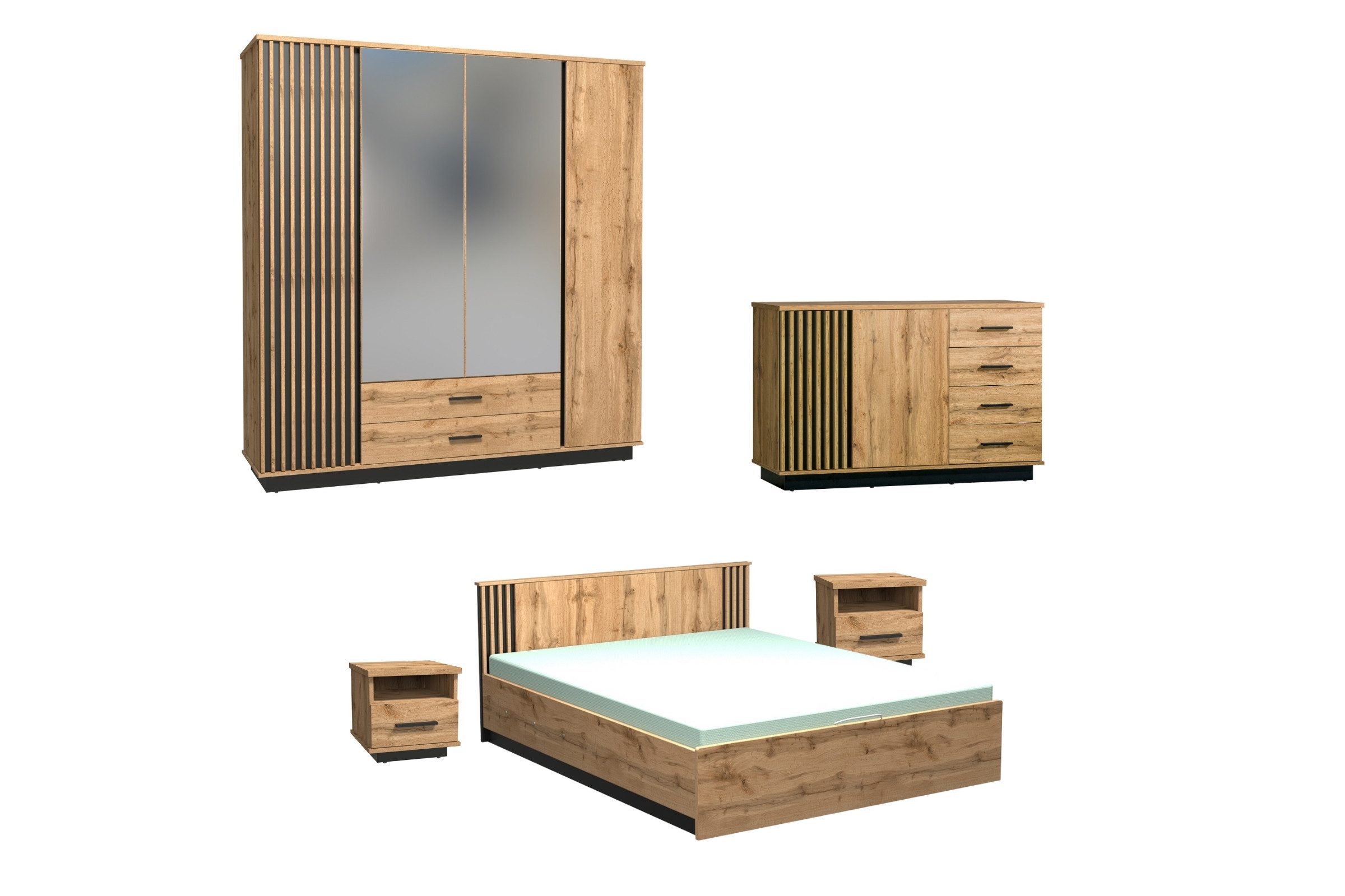 Deine Мебель 24 Komplettschlafzimmer LAMI D Schlafzimmer Мебельset in Wotan Eiche / Schwarz / Lamellen, (Modernes Design, Scandi, Industrial, Loft, 5-tlg., Viel Stauraum durch Schubladen, Bettkästen & großzügige Ablageflächen), Bett 160x200 mit Bettkasten, Kleiderschrank, Kommode & 2 Nachttische