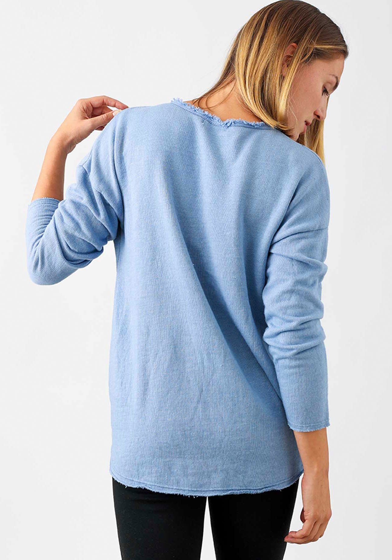 Zwillingsherz Sweatshirt ausgefranster V-Ausschnitt, Vintage Look, Langarm