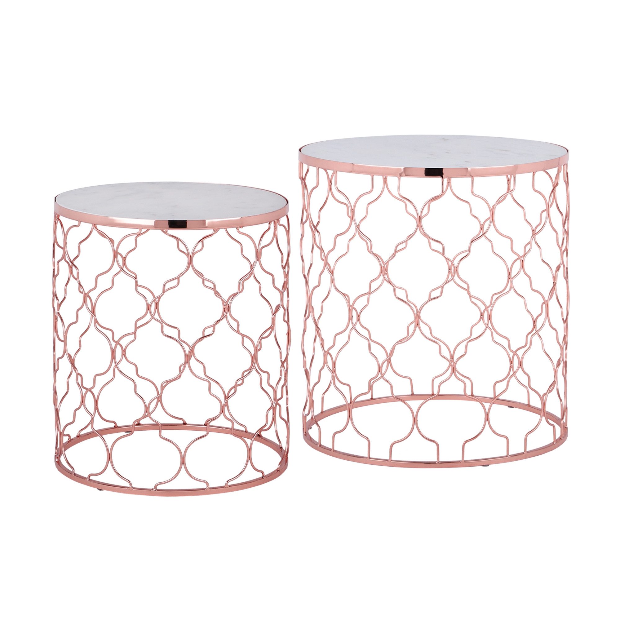 WOMO-DESIGN Beistelltisch 2er Set rund Metall Couchtisch Sofatisch Wohnzimmertisch handgefertigt (2-St), Ø45x50cm/40x45cm Marmor Optik mit Glasplatte verspiegelt Metallgestell