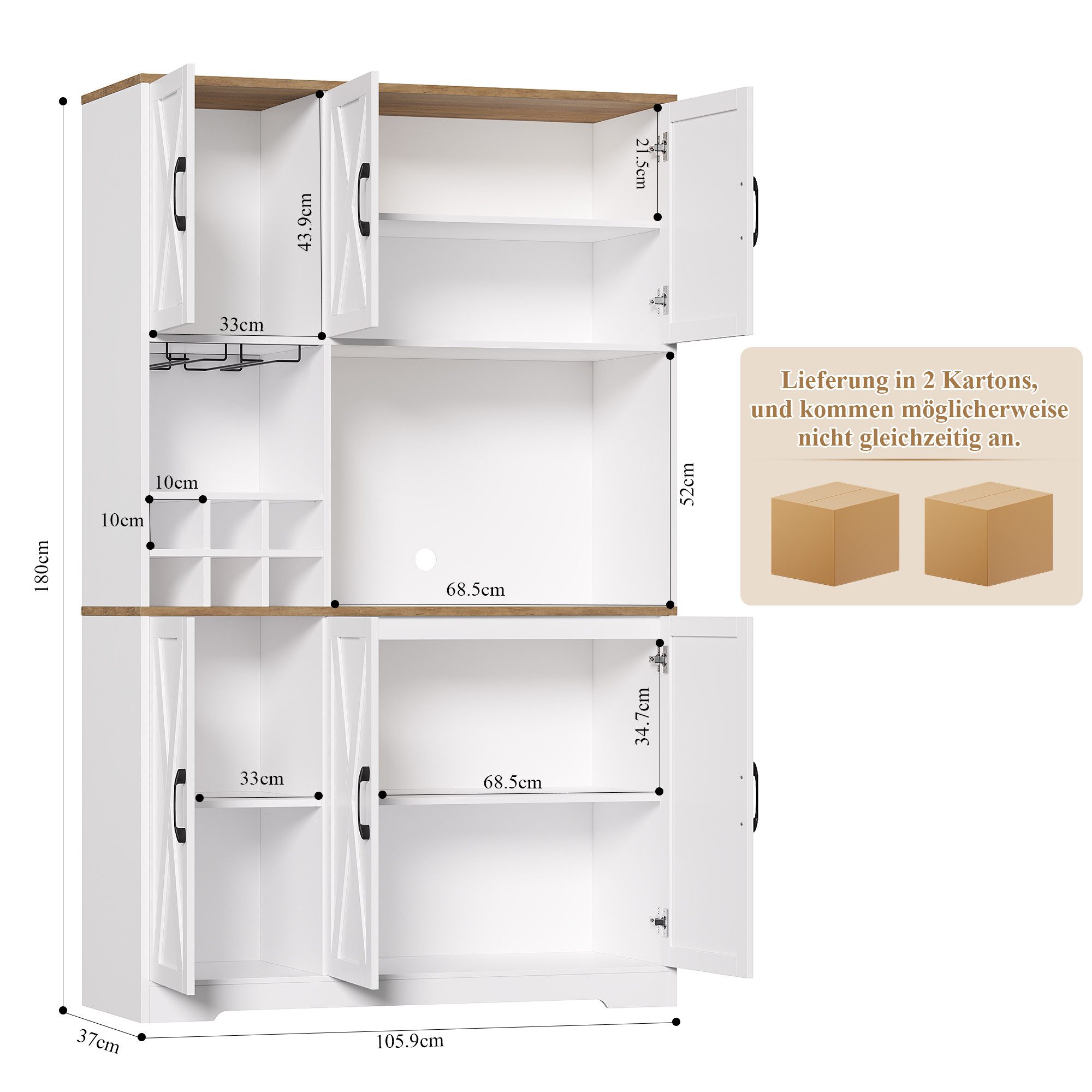 HOMECHO Küchenbuffet Küchenschrank mit Arbeitsplatte Buffetschrank mit 6 Türen Flaschenhalter und Glashalter 180x106x37cm