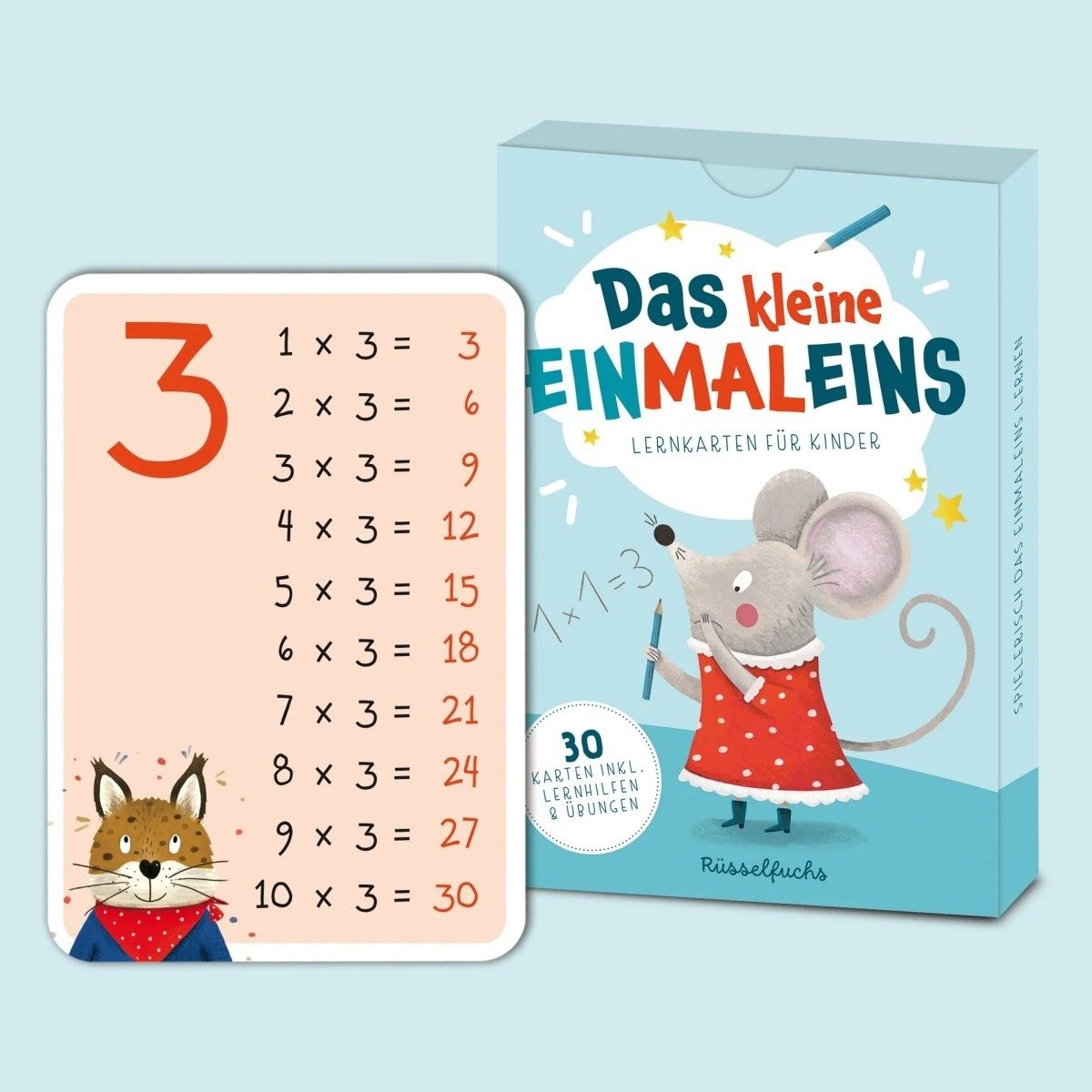 Rüsselfuchs Spiel Das kleine Einmaleins Lernkarten für Kinder Reihen 1 bis 10 Set, Das kleine Einmaleins – Lernkarten 1–10 für Kinder, handgezeichnete Karten, kindgerechte Impulse, Faltschachtel