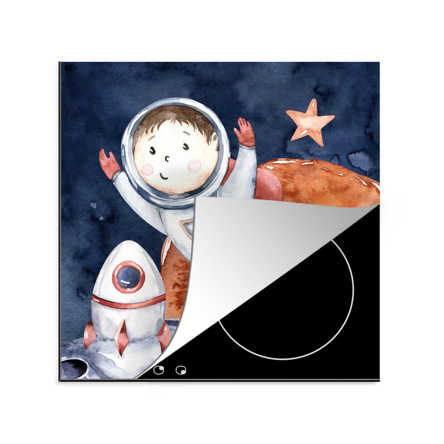MuchoWow Herdblende-/Abdeckplatte Weltraum - Mond - Rakete - Jungen - Mädchen - Kinder, Vinyl, (1 tlg), 78x78 cm, Ceranfeldabdeckung, Arbeitsplatte für küche