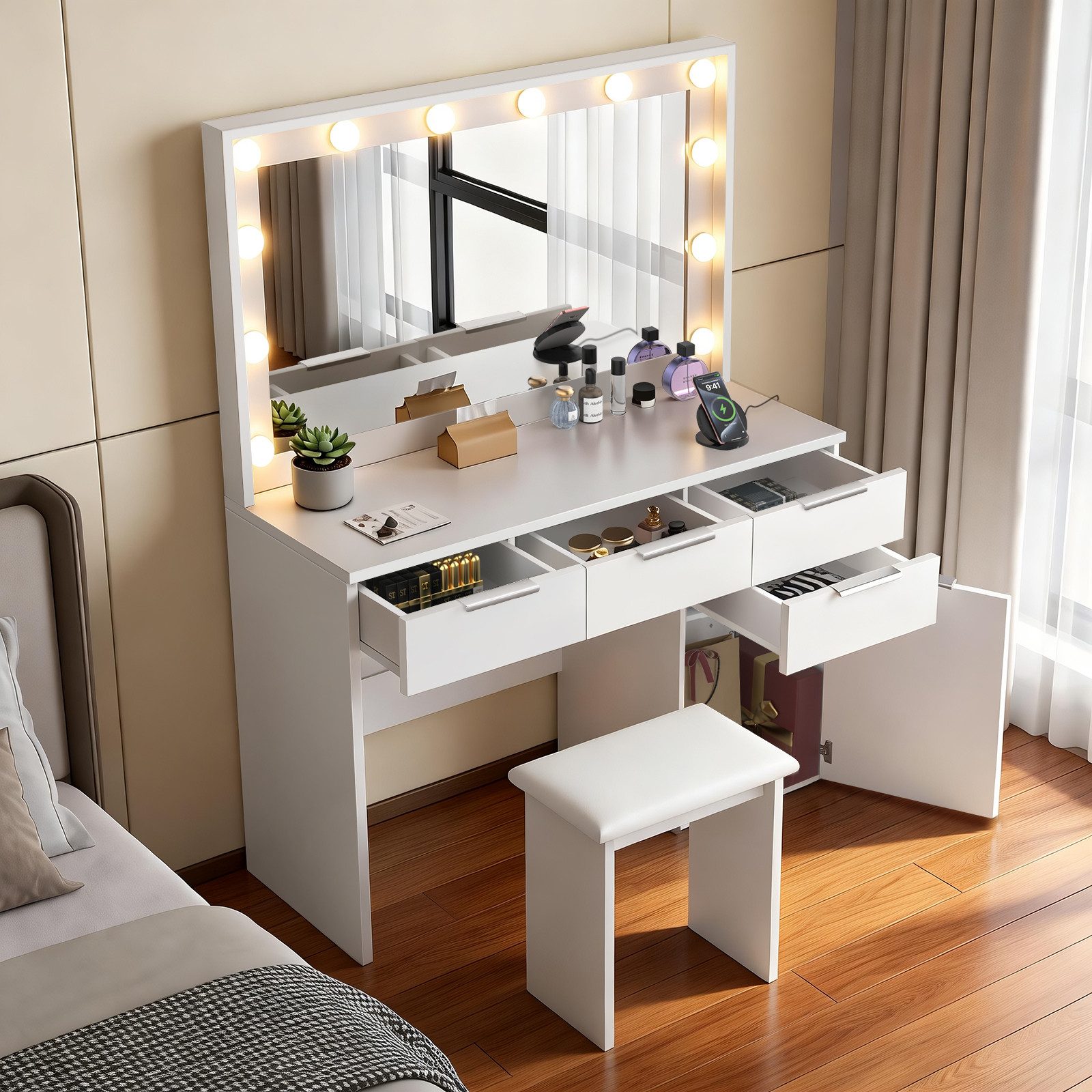 oyajia Schminktisch mit Spiegel und LED-Leuchten, Steckdosenleiste, Schubladen (1 Schränke, 12 dimmbare Glühbirnen, 3 Lichtfarben), Mit Hocker,für Ihr perfektes Make-up-Erlebnis