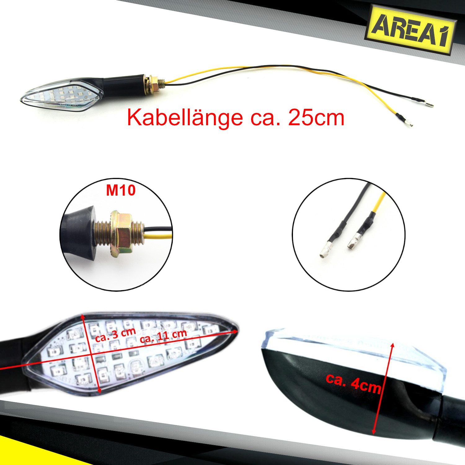 Area1 Blinker Motorrad LED Blinker E-geprüft Set (2 Stück) M10 mit Lauflichteffekt