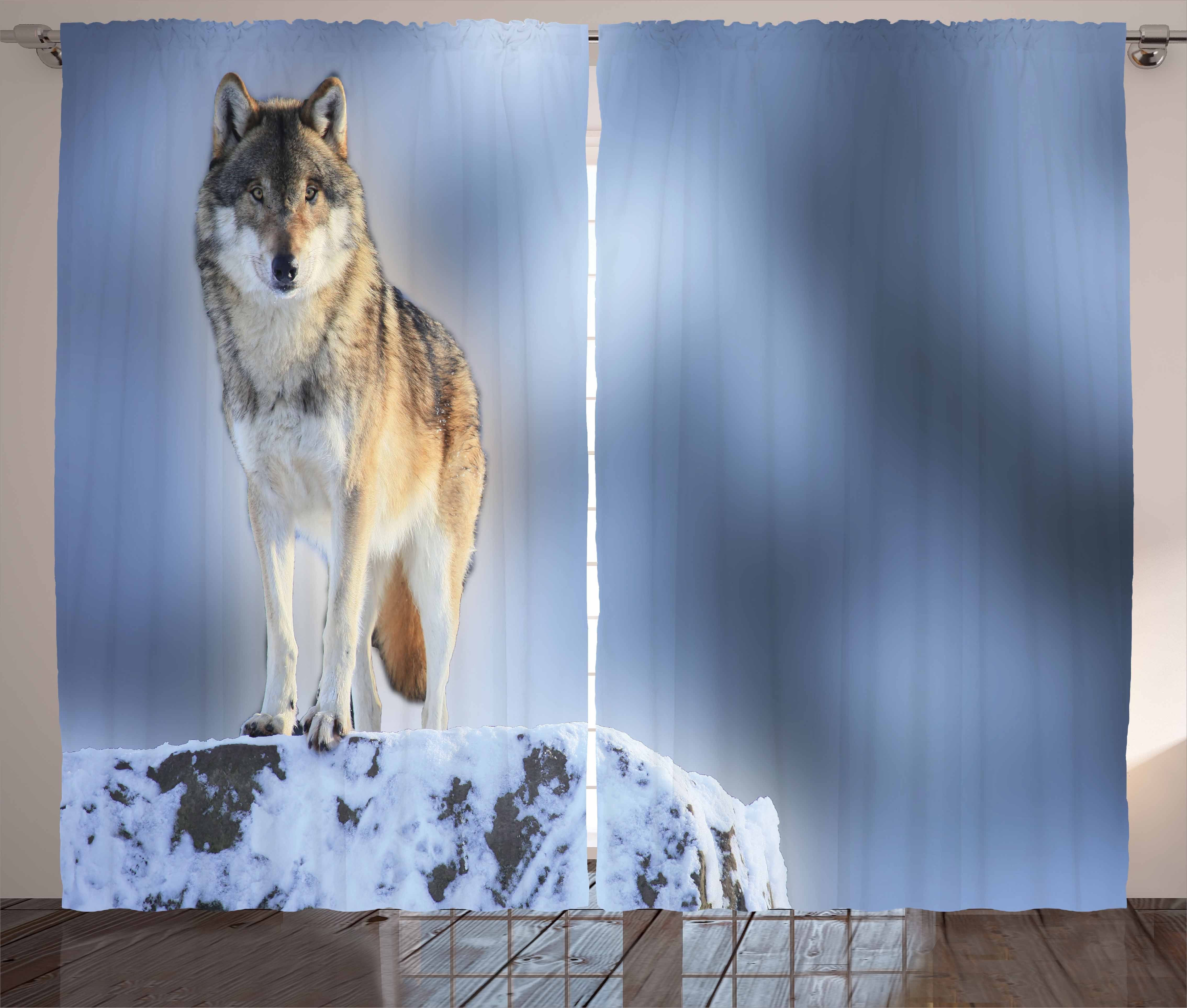 Gardine Schlafzimmer Kräuselband Vorhang mit Schlaufen und Haken, Abakuhaus, Wolf Carnivore Canine im Schnee