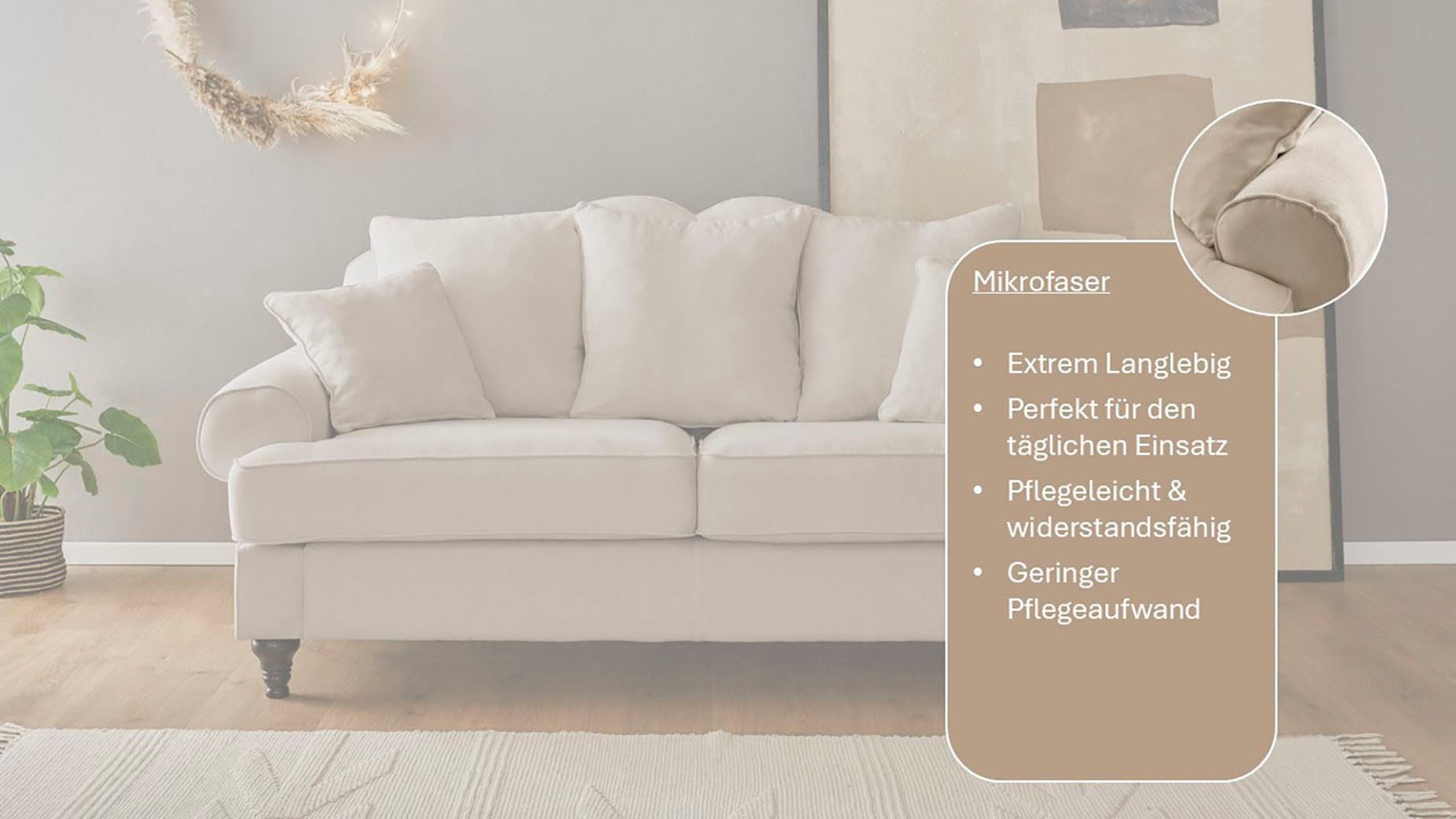 OTTO home 3-Sitzer Westminster, Sofa im Landhausstil, Couch mit Zierkissen, Federkern-Polsterung, gedrechselter Fuß, hochwertiger Microfaserbezug