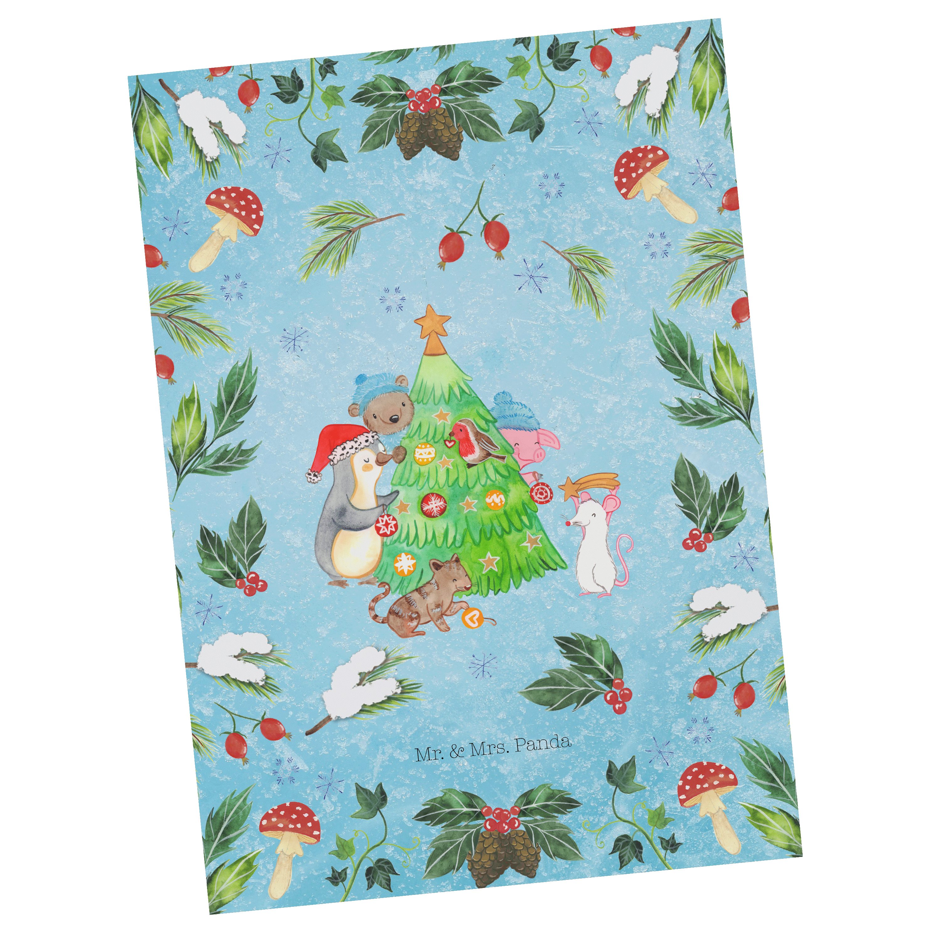 Mr. & Mrs. Panda - Geschenk, Weihnachtsbaum Eisblau schmücken - Postkarte Weihnachtsdeko, Einlad