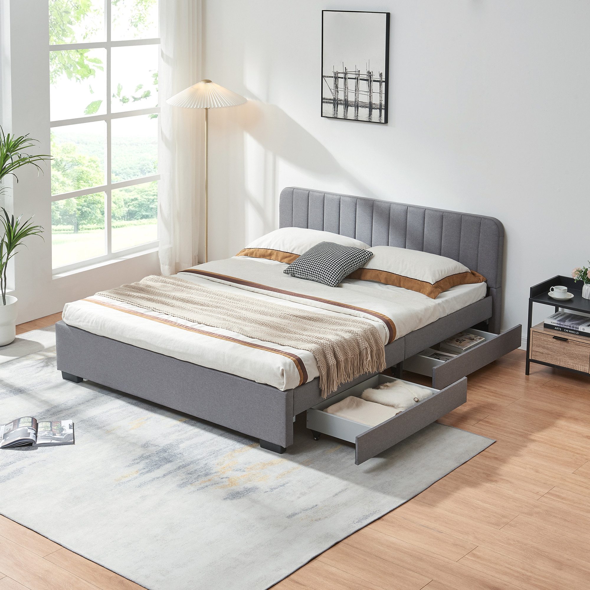 en.casa Polsterbett, »Nofrenna« mit 4 Schubladen 140 x 200 cm Leinen Grau günstig online kaufen